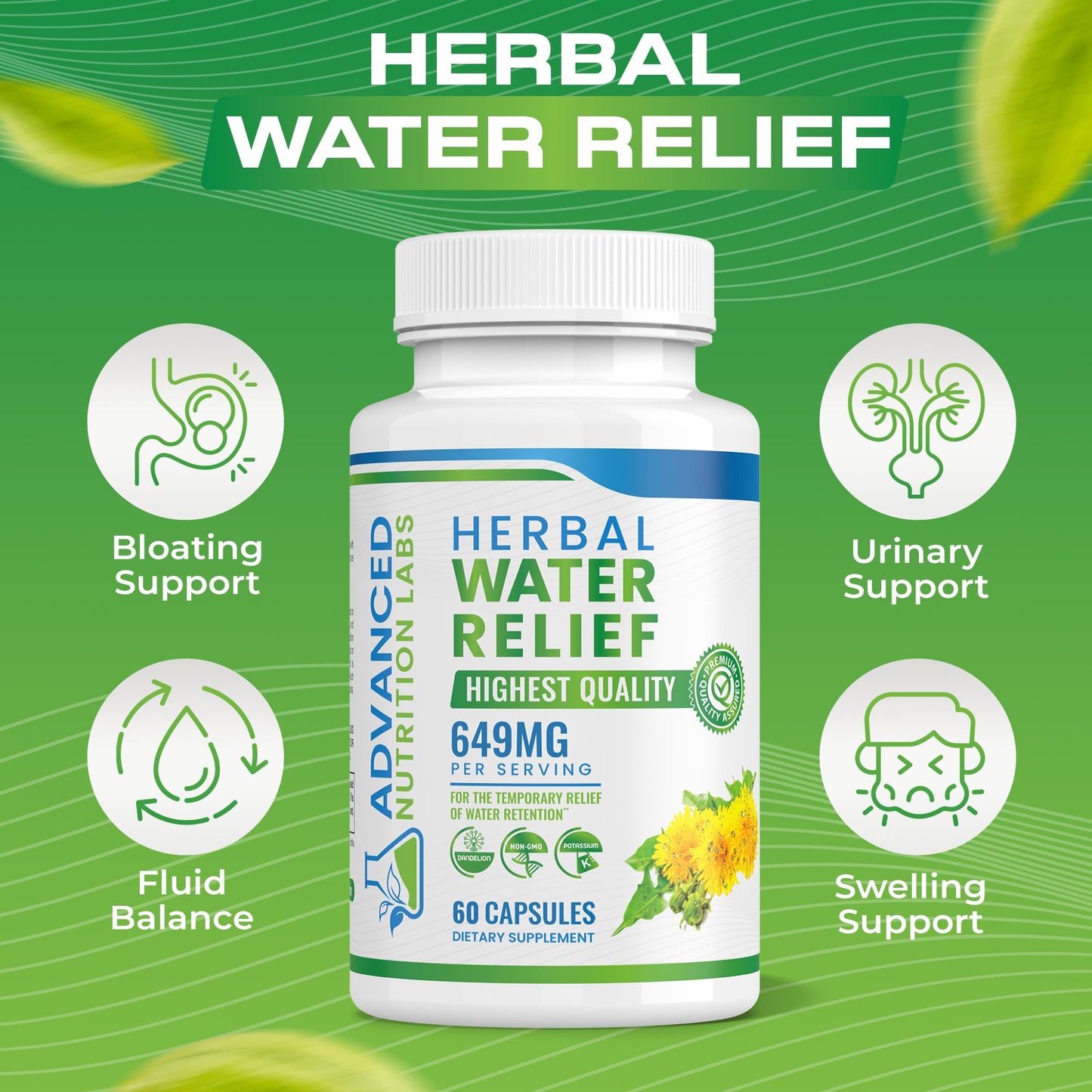 Herbal Water Relief Diuretic Water Pills for Water Retention, Bloating, Swollen Legs, Feet - Dandelion Extract Supplement - Water Retention Loss - Diuretics for Women & Men - 60 Capsules