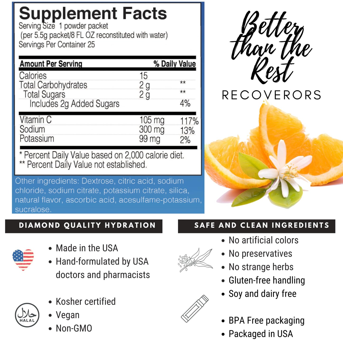 RecoverORS 8 in 1 Electrolyte Powder & Vitamin C Defense Hydration, Dual Keto Food Friendly & Potassium Supplement Booster, Adult Low Carb Rehydration Solution Drink Mix (25-Pack)