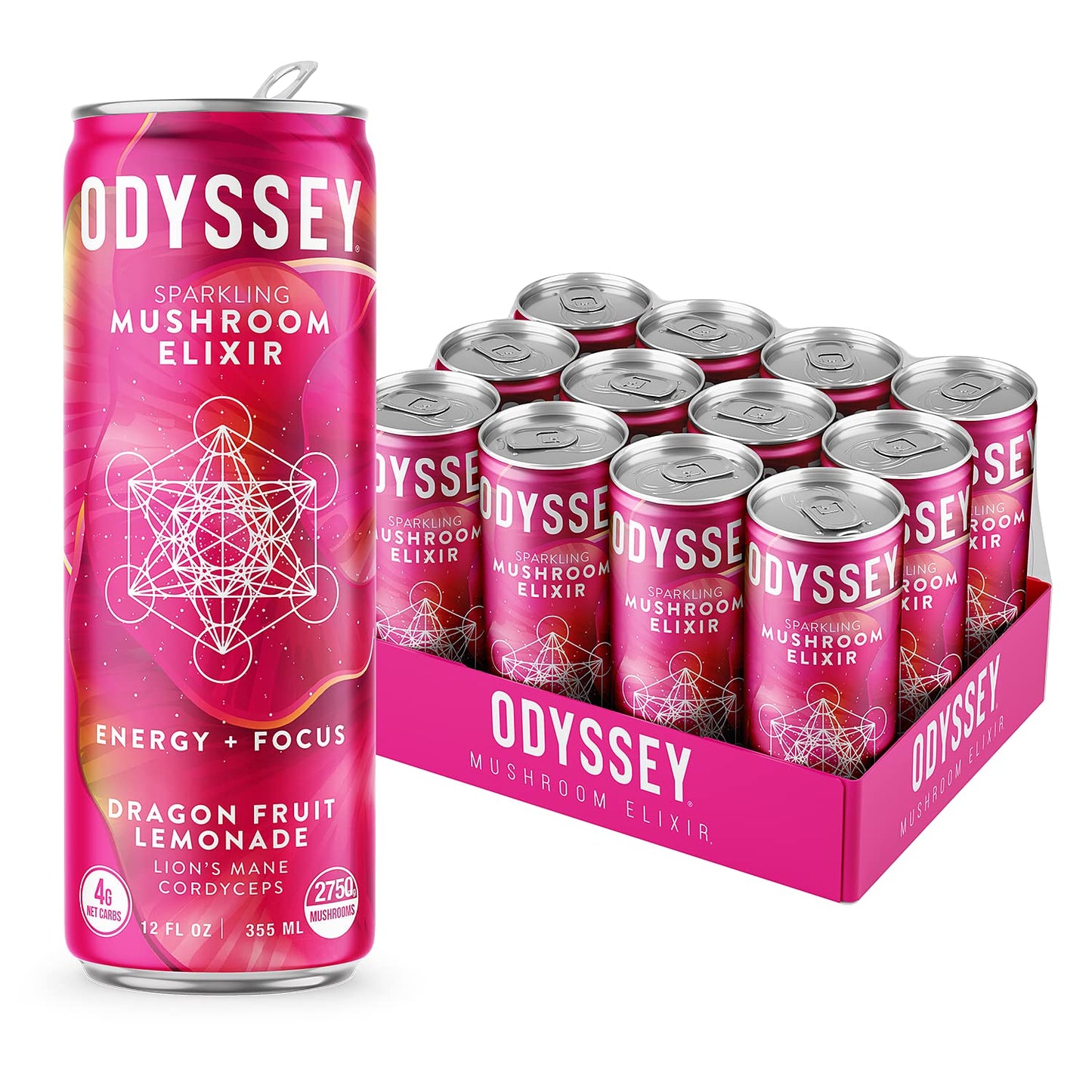 Odyssey Elixir Sparkling Adaptogen Drink Low Calorie Drinks L Theanine Lions Mane Cordyceps  Green Tea Caffeine for Energy  Focus NonGMO Vegan Dragon Fruit Lemonade Flavor 12 Fl oz 12 Pack