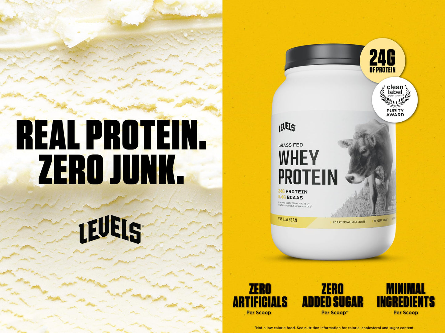 Levels Grass Fed Whey Protein Powder, No Artificials, 24G of Protein, Vanilla Bean, 2LB