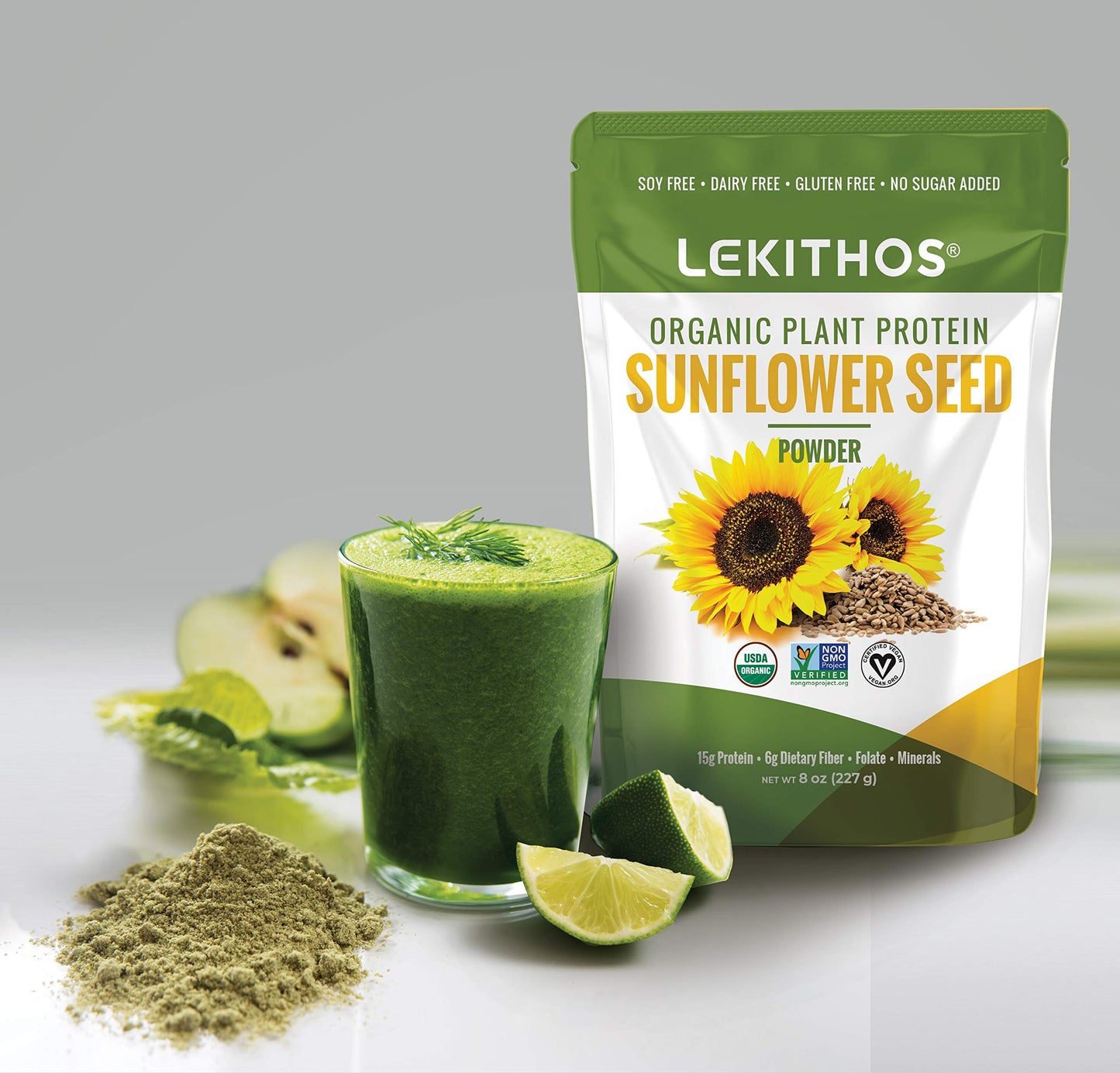 Lekithos Organic Sunflower Protein Sunflower - 8 oz - 15g Protein - Certified USDA Organic, Non-GMO Project Verified, No Added Sugars - Certified Vegan - Gluten Free