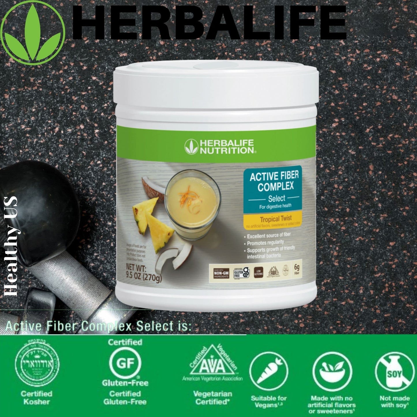 HerbalifeHERBALIFE Active Fiber Complex Select: Tropical Twist 270g for Digestive Health, No Artificial Flavors or Sweeteners, Gluten-Free, Made with Non-GM Ingredients, Certified Vegetarian