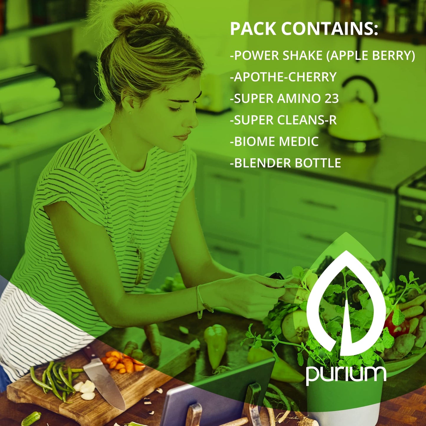 Purium Cleansing + Fitness Bundle - Includes Power Shake (Apple Berry), Apothe-Cherry, Super Amino 23, Super CleansR, Biome Medic, & Blender Bottle