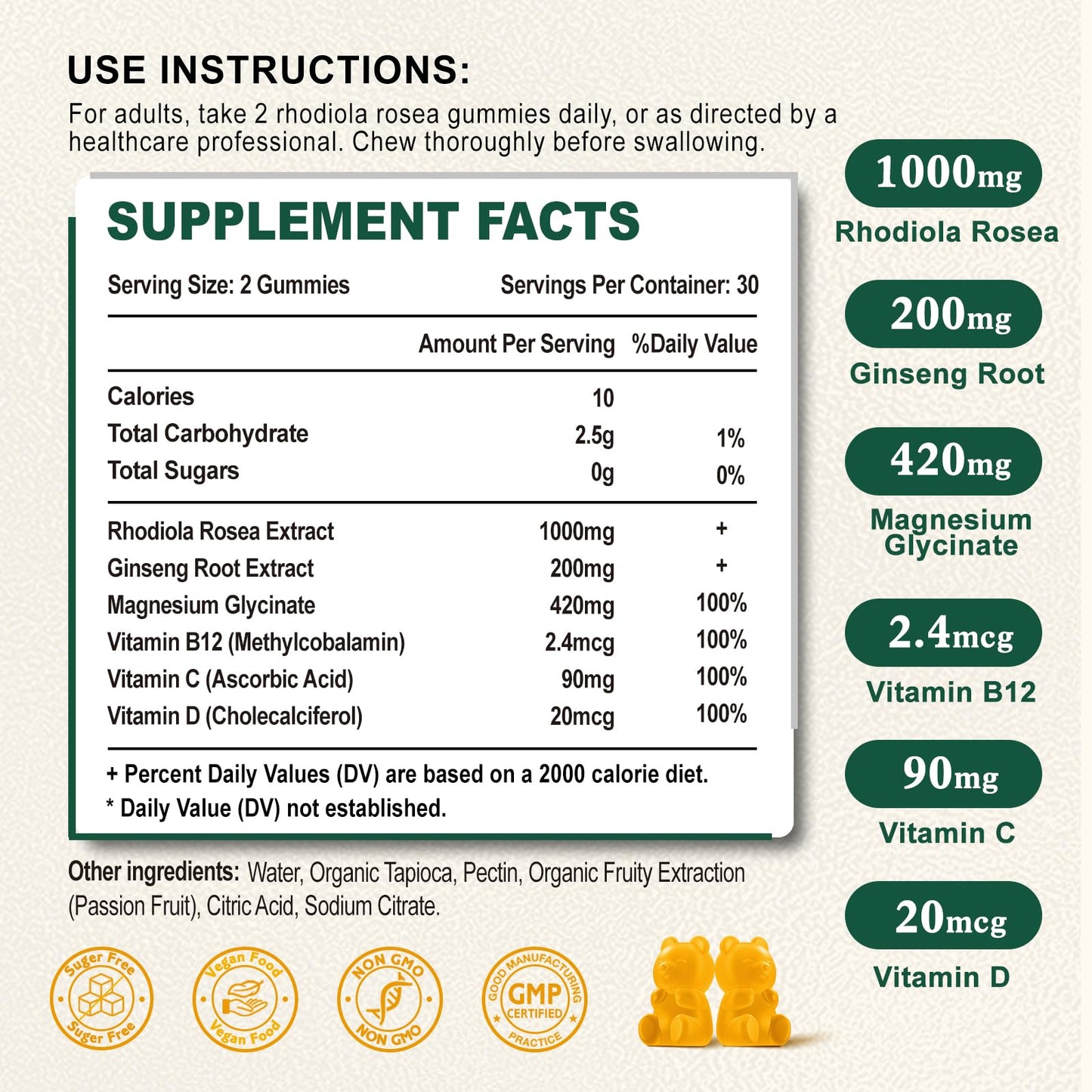 Zetelixia Organic Rhodiola Rosea Gummies 1000mg, Rhodiola Rosea Supplement for Women & Men, Sugar-Free, Non-GMO, Vegan, 120 Count