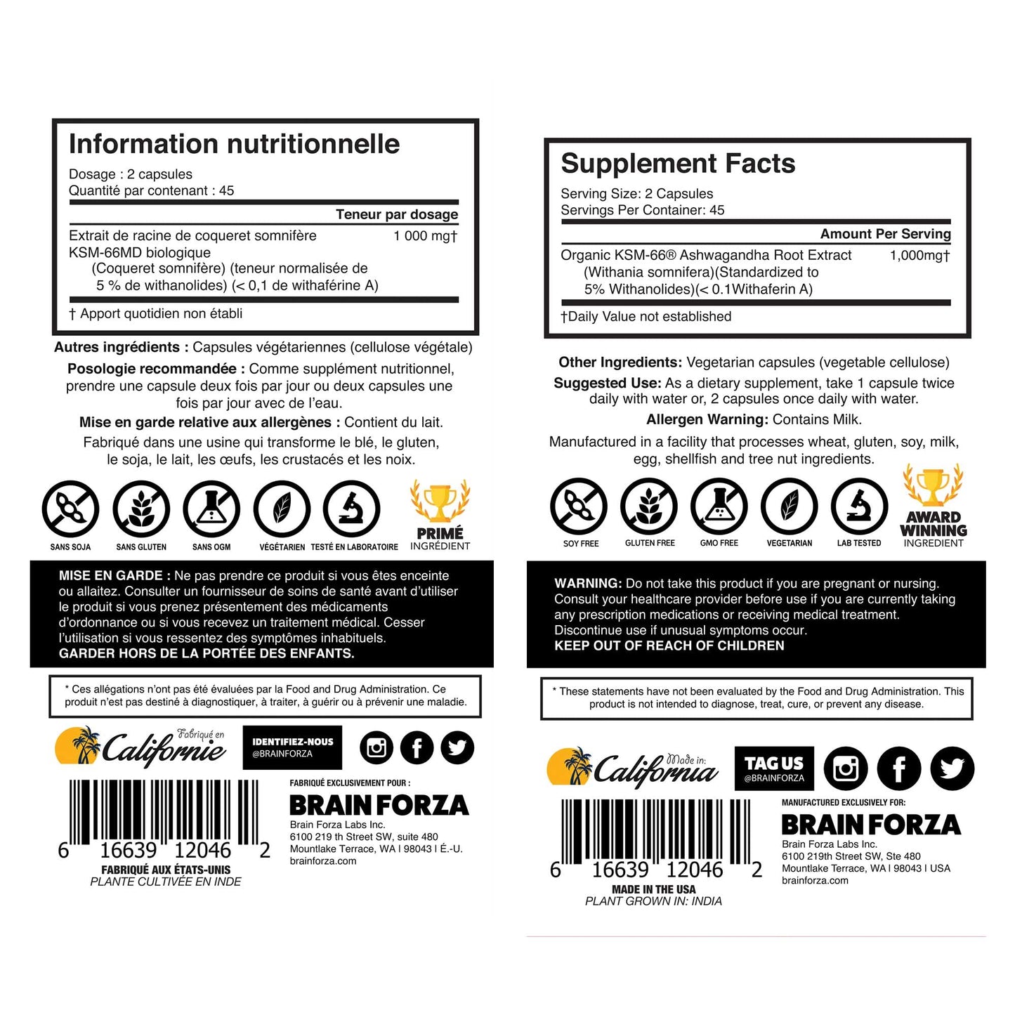 Brain Forza KSM-66 Ashwagandha Organic Pure Root Extract, Strongest 1,000mg Dose, High Potency 5% Withanolides, Hormone Health, Cognitive Support, Organic, Non-GMO, 90 Capsules