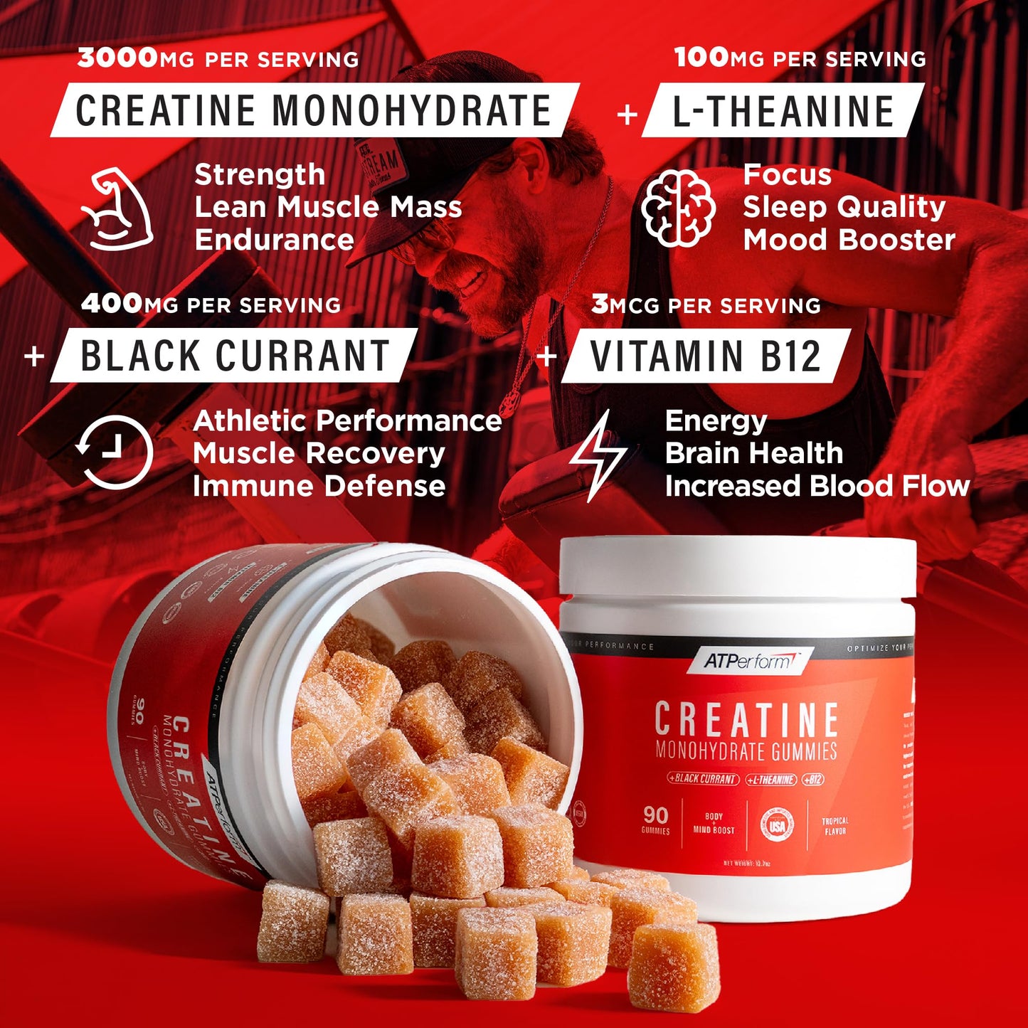 Boost Nutra ATPerform Sugar-Free Creatine Monohydrate Gummies with Black Currant Extract, Vitamin B12 & L-Theanine for Pre-Workout, Post-Workout Recovery, Focus, Strength & Energy | Tropical, 90ct