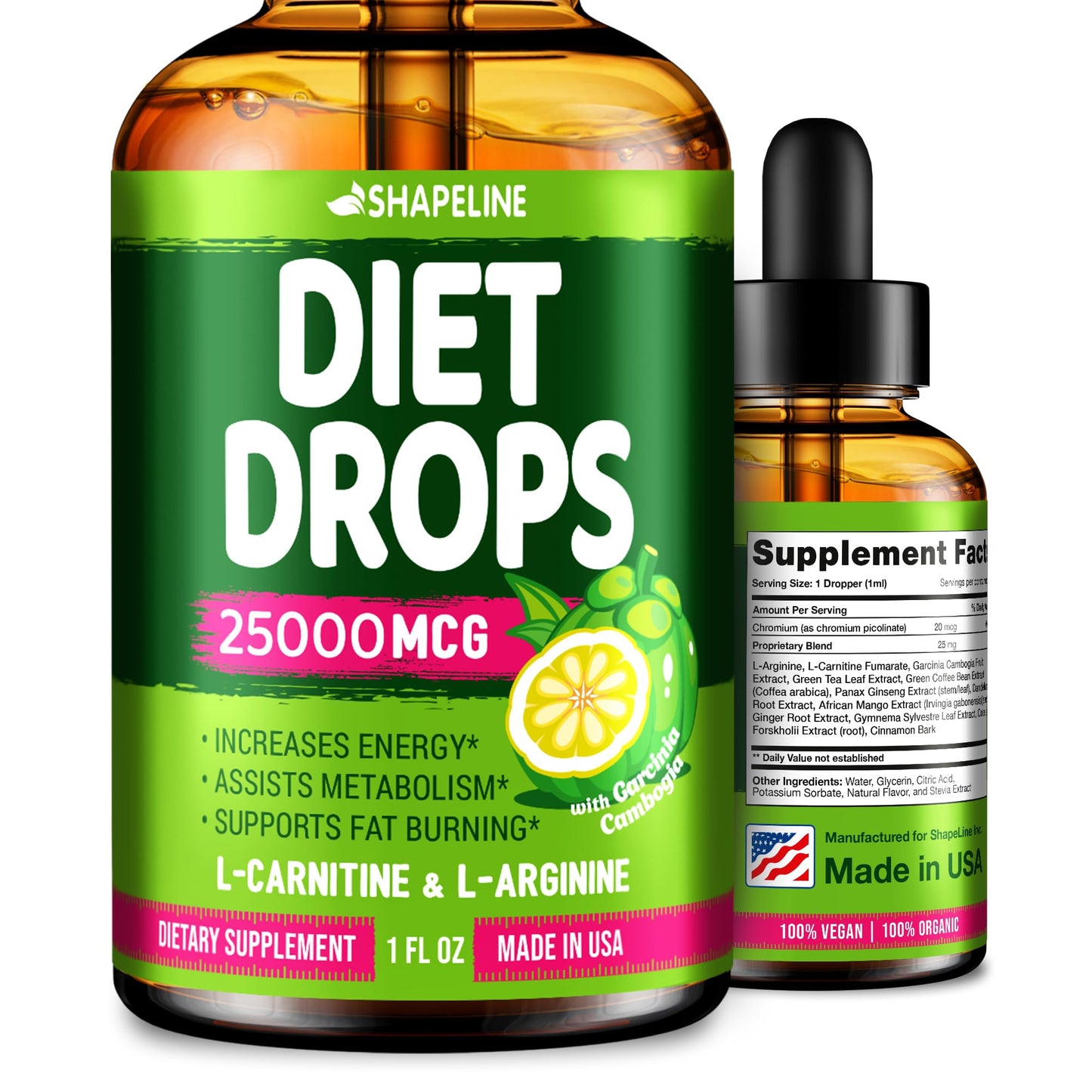 SHAPELINE Diet Drops - Appetite Suppressant for Women & Men - Made in The USA - Natural Metabolism Booster - Diet Drops with Garcinia Cambogia 1 Fl Oz
