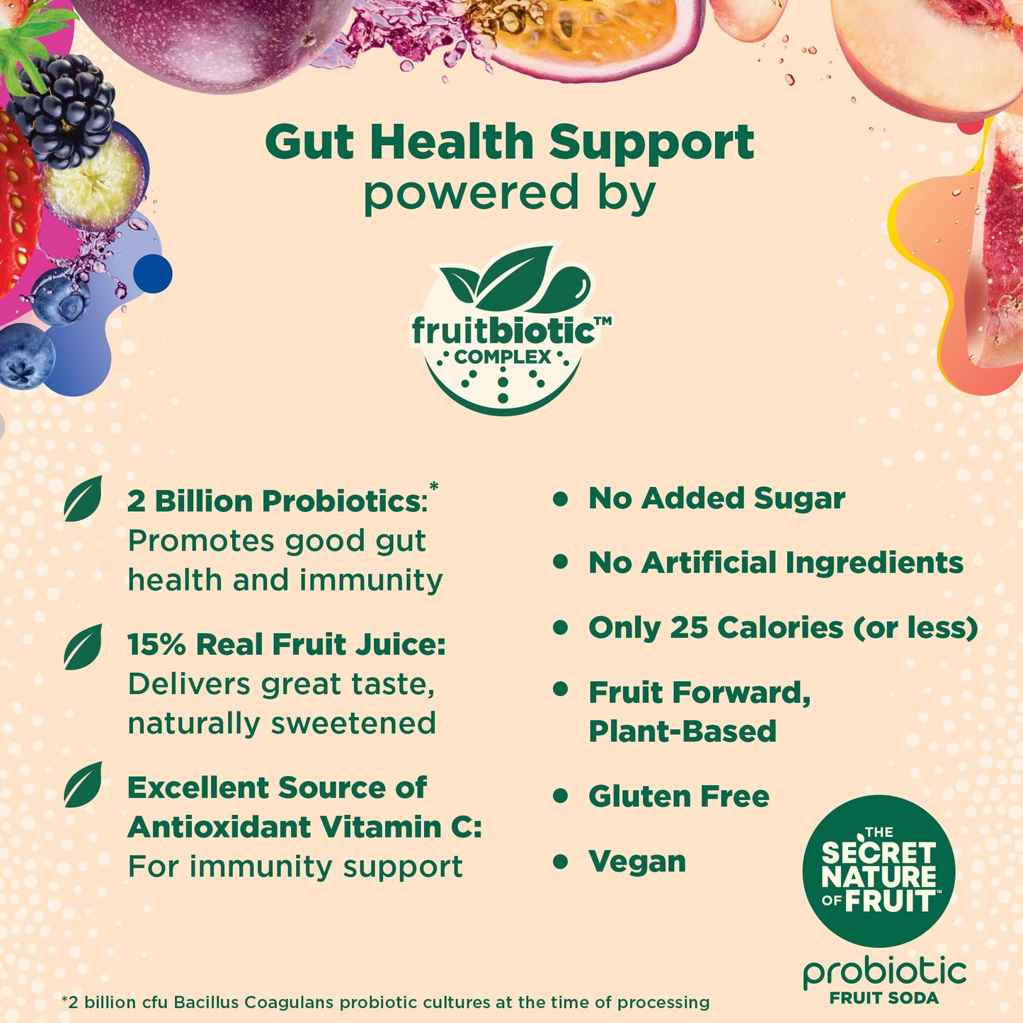 The Secret Nature of Fruit Probiotic Fruit Soda 3Flavor Variety Pack Supports Gut Health  Immunity 2 Billion Probiotics Zero Added Sugar 15 Fruit Juice High in Vitamin C  12oz Pack of 6