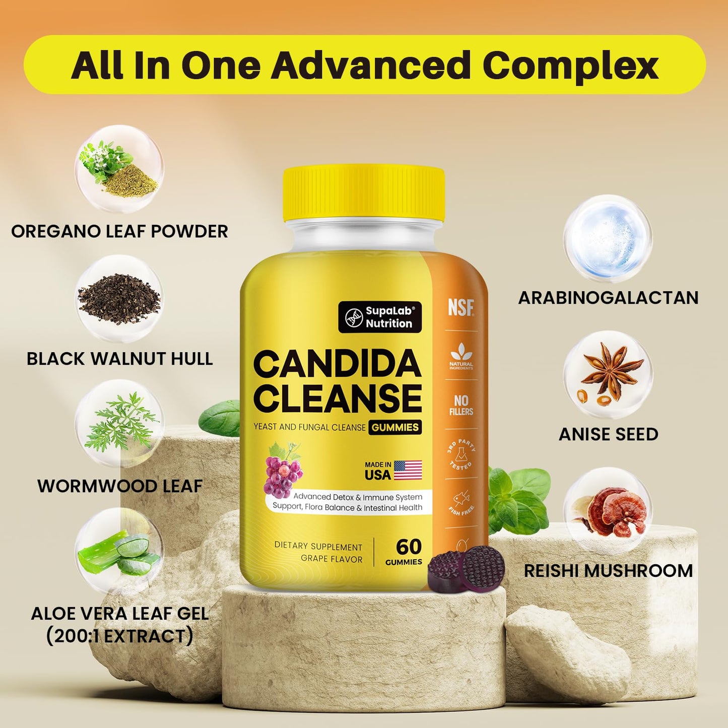 MEGNETA Candida Cleanse Support Gummies -Gut Health, Flora Balance & Immune Support Detox Cleanse Supplement for Women & Men, with Oregano Leaf, Wormwood, Black Walnut & Caprylic Acid (60 Gummies)
