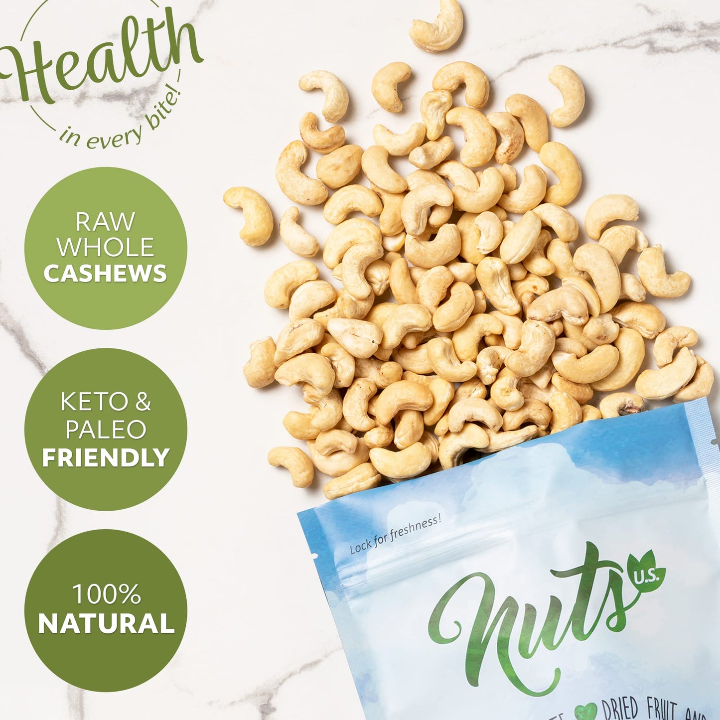 NUTS US  Cashews  Raw and Unsalted  Whole Kernels and No Shell  Fresh  Unroasted  Natural Bulk Cashews  2 LBS