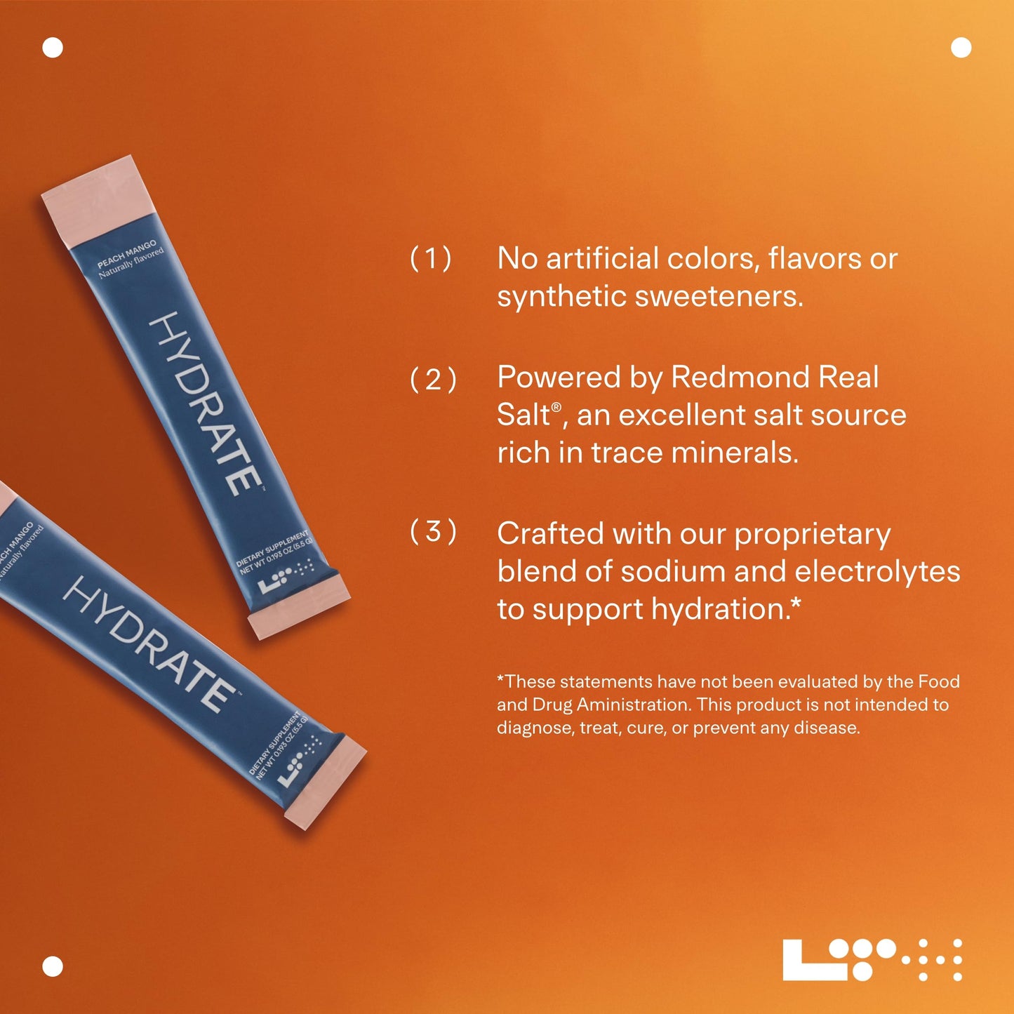 LTH Hydrate Hydration Mix - NSF Certified for Sport - Premium Electrolyte Powder - With Redmond Real Salt - Plant-Based, Non-GMO, Gluten & Dairy Free - 15 Single-Serve Packets (Peach Mango) - 2-Pack