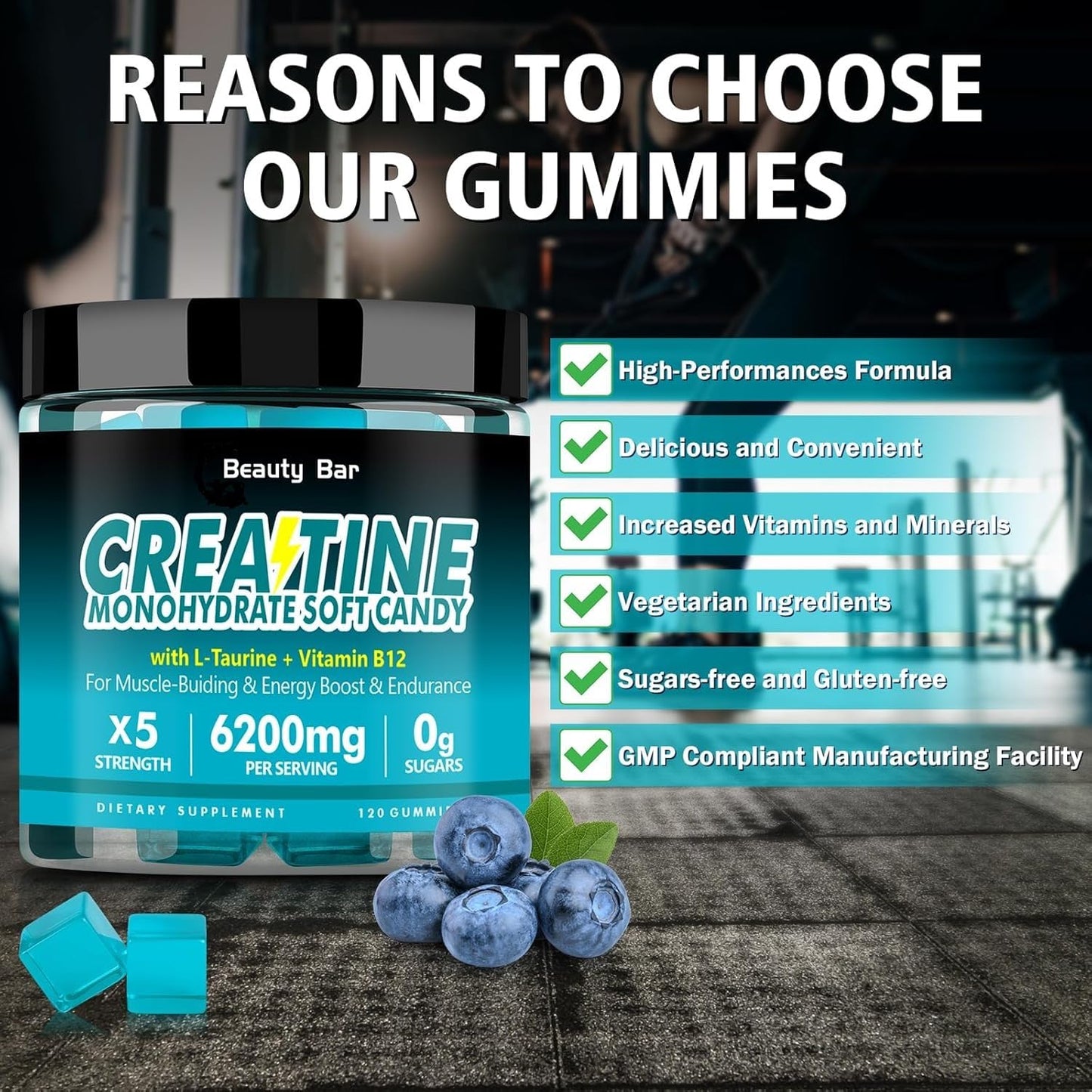 Beauty Bar Creatine Monohydrate Gummies,6200mg for Men & Women-120 Gummies,Sugar Free Chewable Creatine Monohydrate for Muscle Strength,Energy Boost,Blueberry Flavor