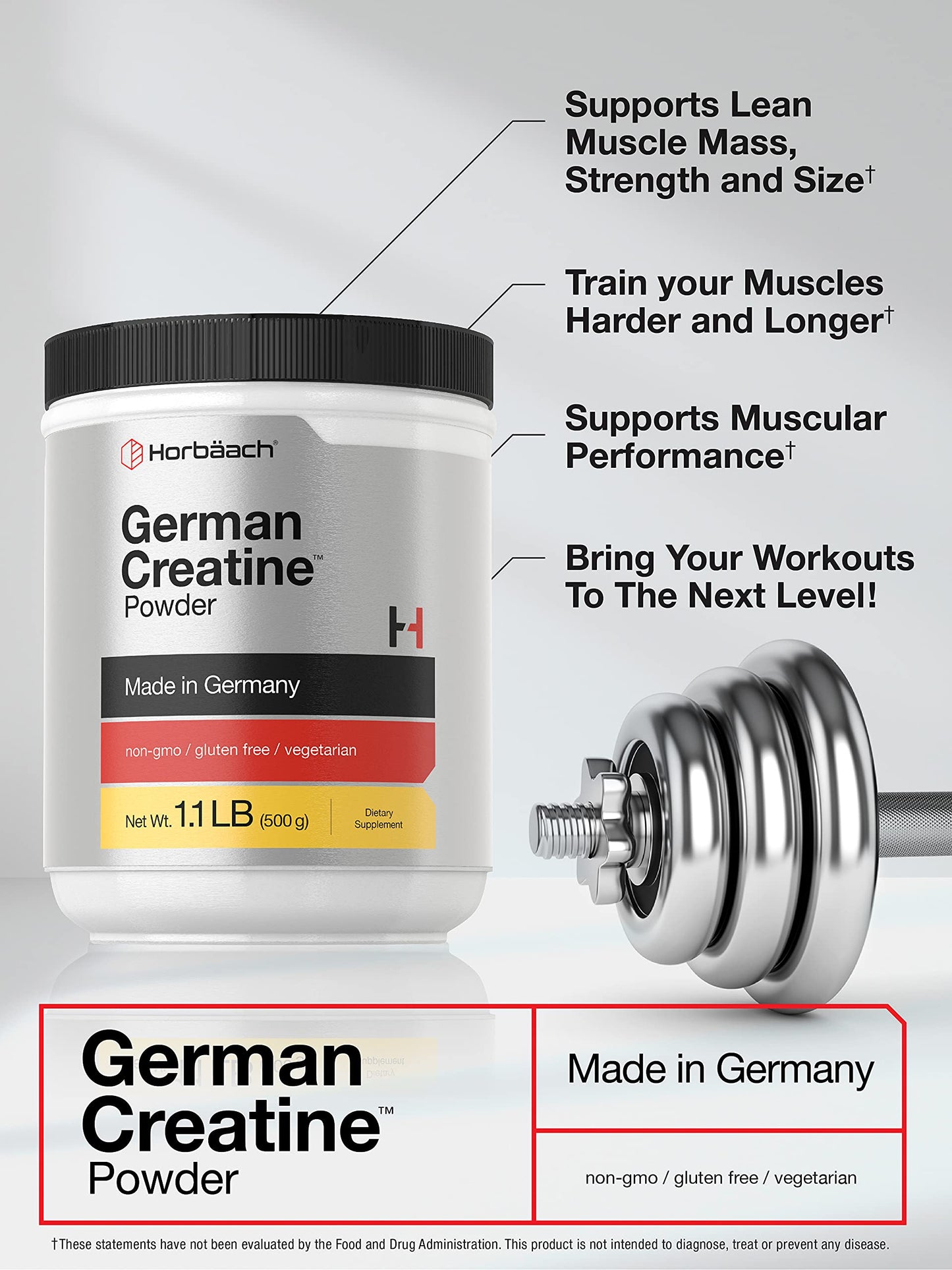 Horbäach German Creatine Powder 500g | Made in Germany with Creapure | Vegetarian, Non-GMO, and Gluten Free Dietary Supplement