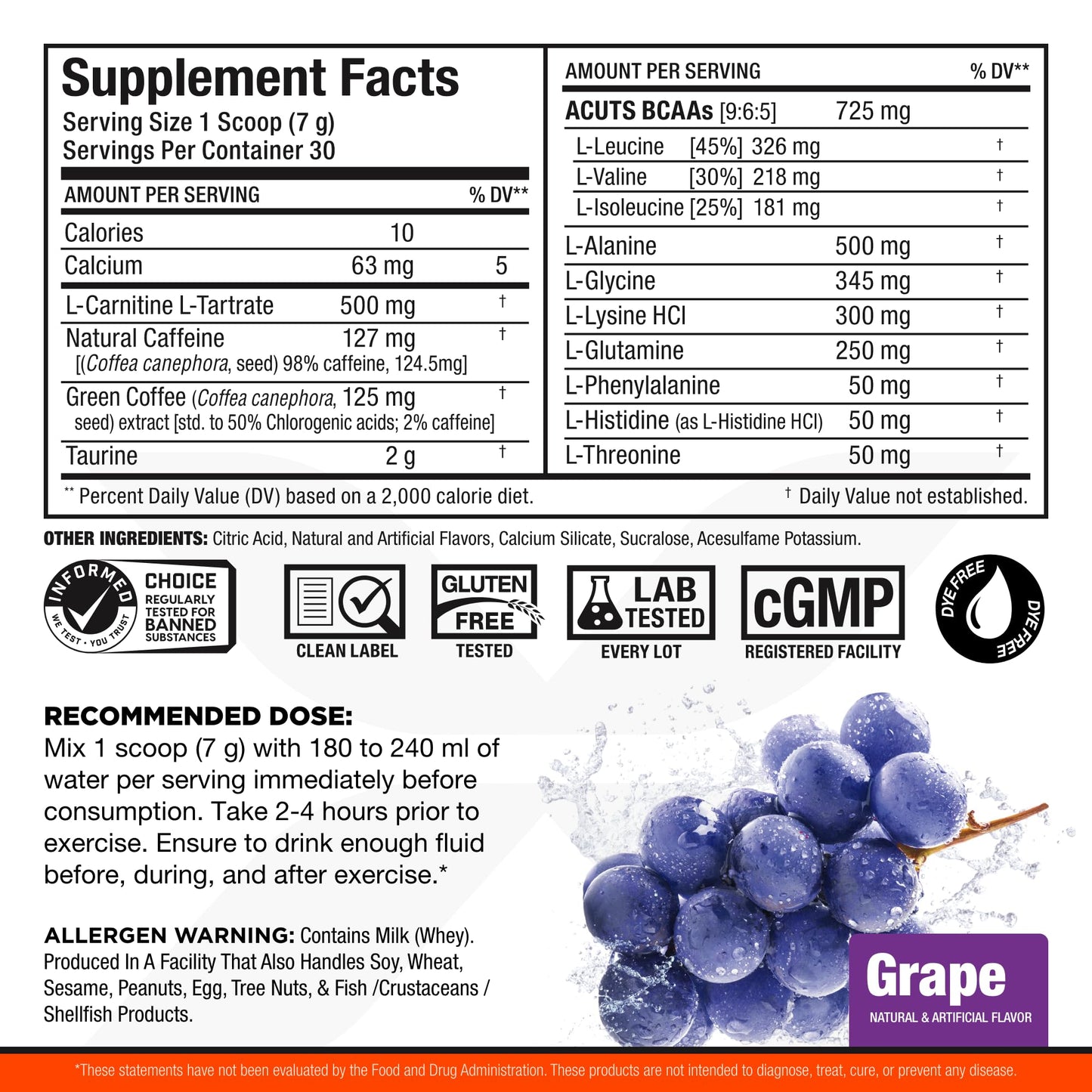 ALLMAX Nutrition AMINOCUTS (ACUTS), Amino-Charged Energy Drink with Taurine, L-Carnitine, Green Coffee Bean Extract, Grape Escape, 30 Servings