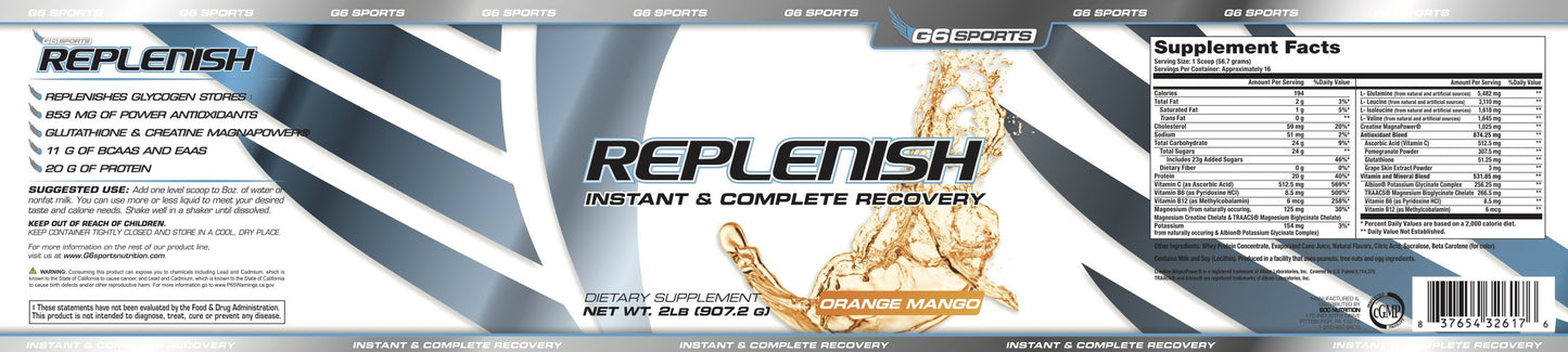 G6 Sports Nutrition Replenish Instant & Complete Recovery (Post Workout Formula, 11g of BCAAs & EAAs, 20g Whey Protein, 1000mg Creatine MagnaPower, Zero Refined Sugars) - 2lb Jar - Orange Mango