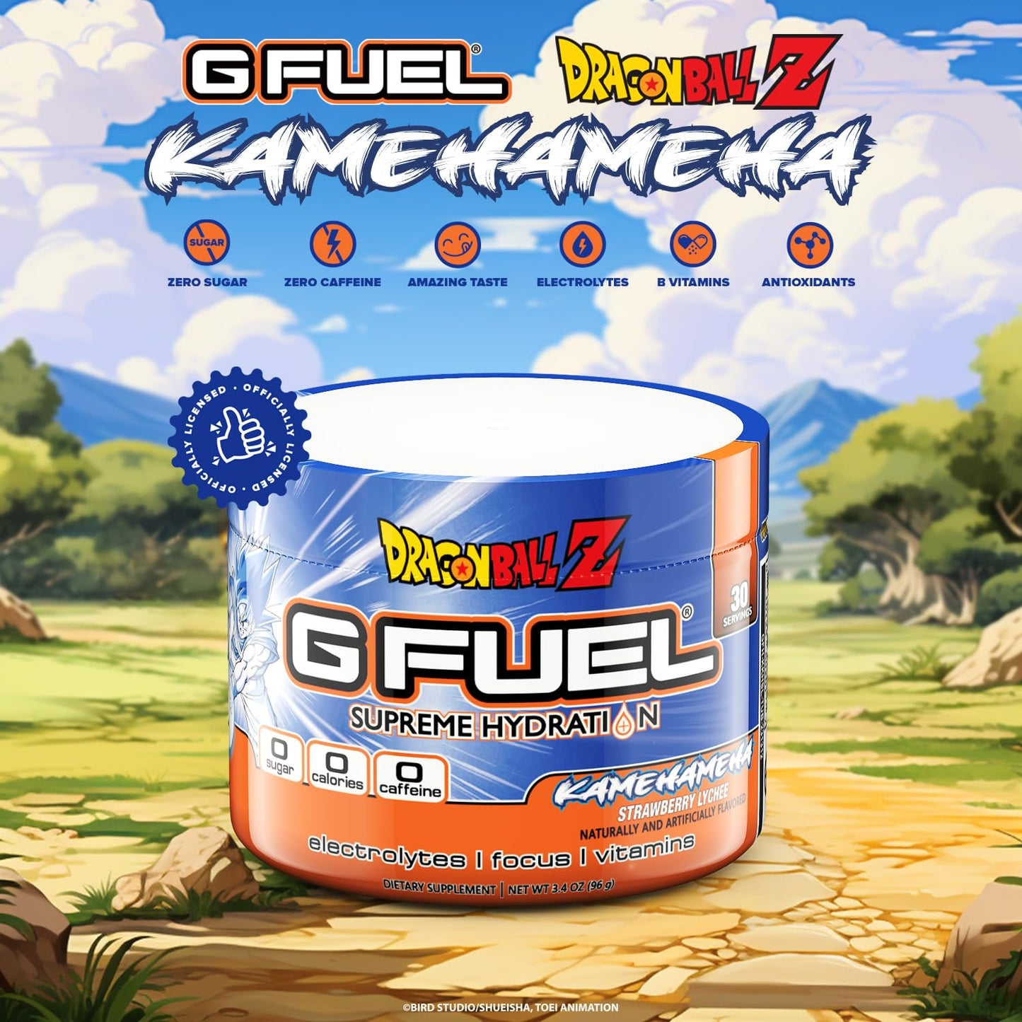 G Fuel Kamehameha Hydration Electrolytes Powder, Water Mix for Hydration, Energy and Focus, Sugar Free, Zero Caffeine Supplement with Essential Minerals, Strawberry Lychee Flavor, 3.4 oz (30 Servings)