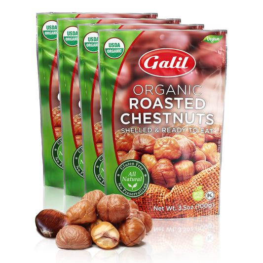 Galil Organic Roasted Chestnuts Pack of 4  Shelled  Ready to Eat  Gluten Free Vegan Organic NonGMO Kosher Snacks  Great for Baking Cooking  Turkey Stuffing 35oz Bags