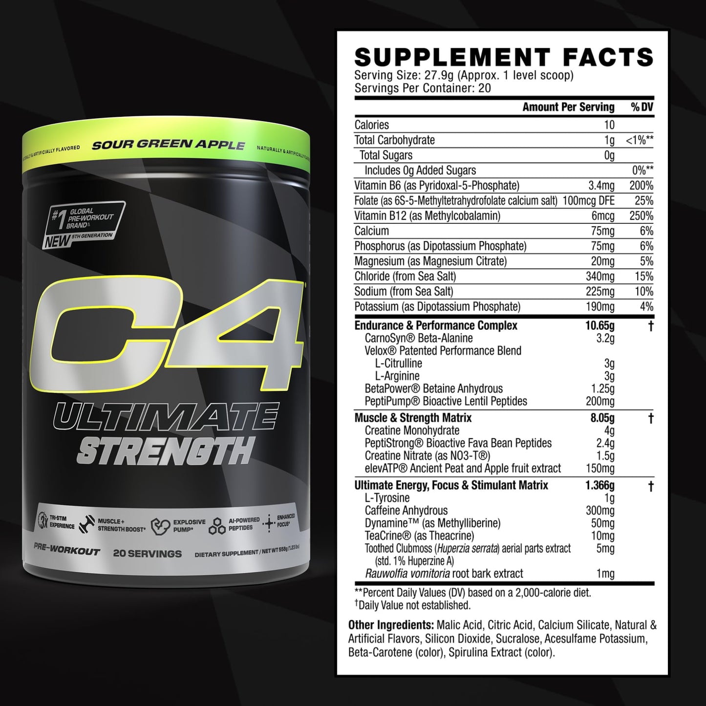 Cellucor C4 Ultimate Strength Pre Workout Powder - Tri-Stim Experience 300mg Caffeine+TeaCrine+Dynamine - Creatine & Beta-Alanine - Energy Supplement for Men & Women - Sour Green Apple, 20 Servings