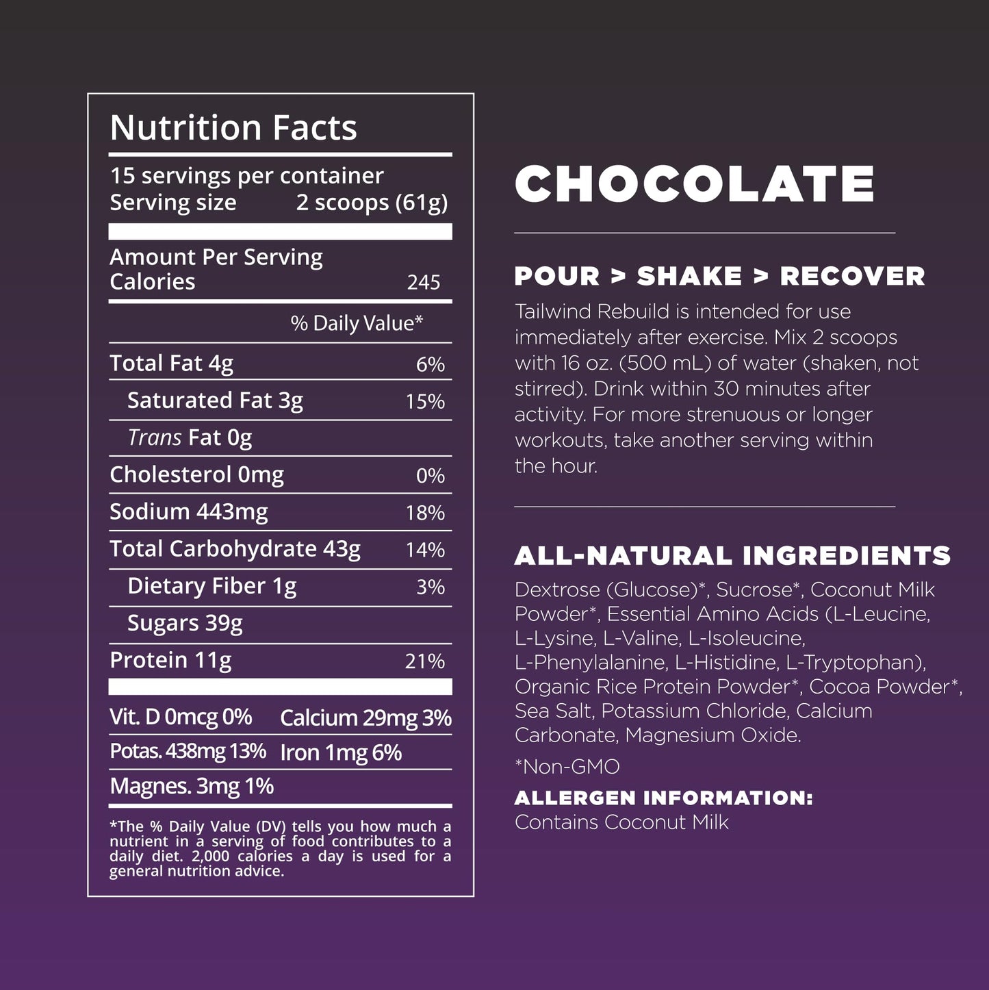 Tailwind Nutrition Recovery Mix, Complete Protein, Carbohydrates, and Electrolytes Powder Drink Mix for Post-Workout, Free of Gluten, Soy, and Dairy, Vegan, 15 Servings, Chocolate