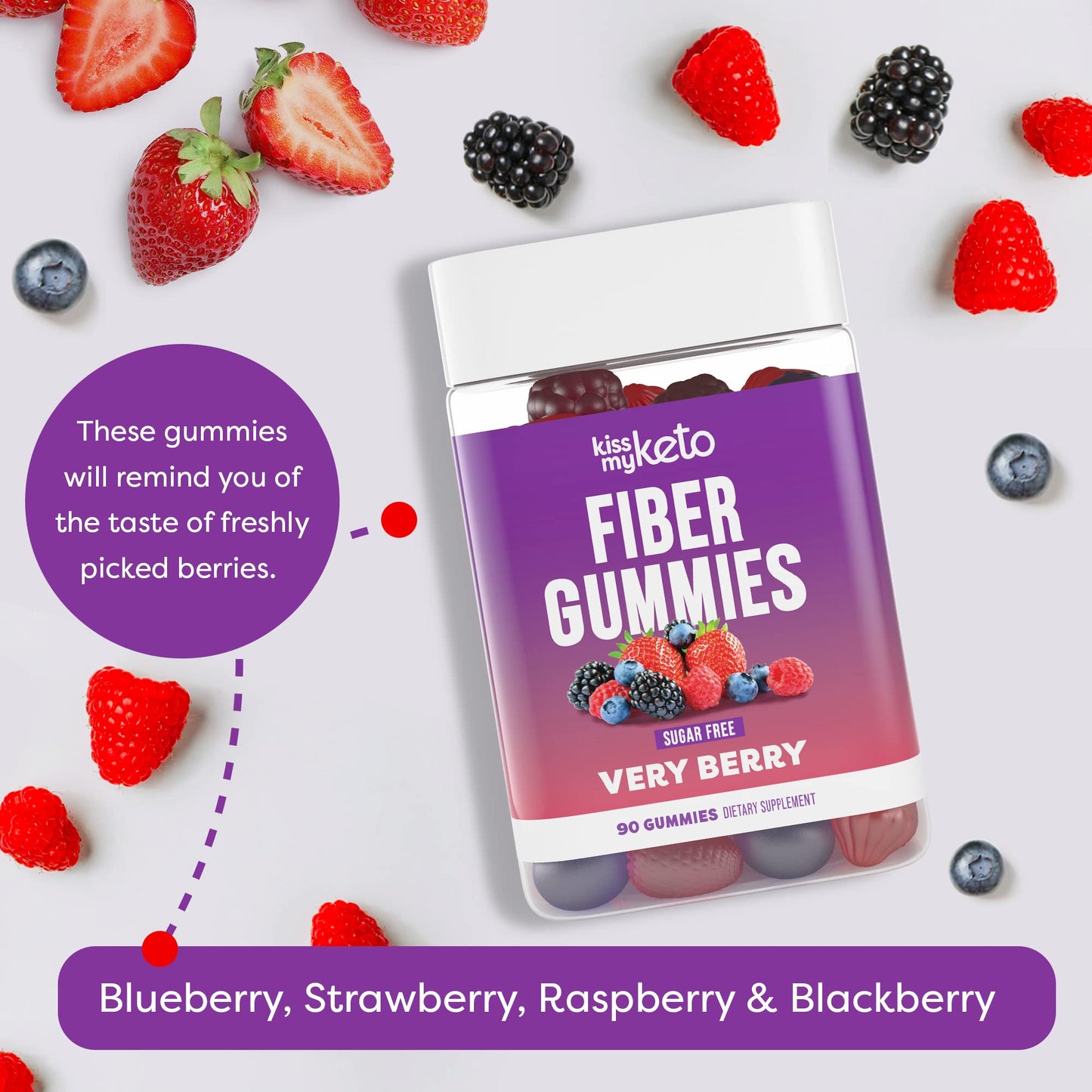 Kiss My Keto Fiber Gummies for Adults Sugar Free - Delicious Berry Flavored Fiber Supplement Gummies for Digestive Health - Prebiotic Fiber Gummies, Gummy Fiber for Adults - 90 Count (1 Pack)