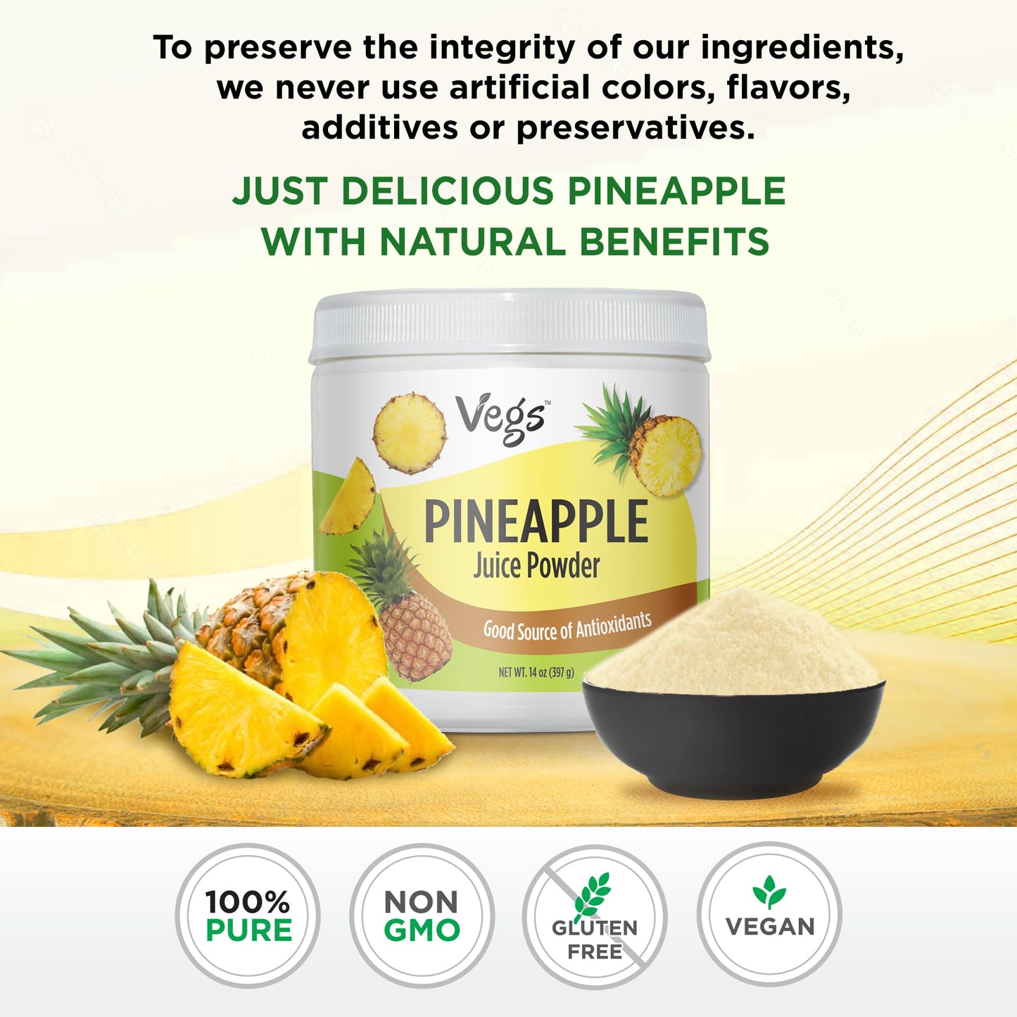 Vegs Pineapple Juice Powder Freeze Dried Organic Pineapple Powder with Bromelain  Antioxidants Sugar free Pineapple Juice Concentrate Fruit Powder for Smoothies Shakes Baking  Drinks 14 Oz