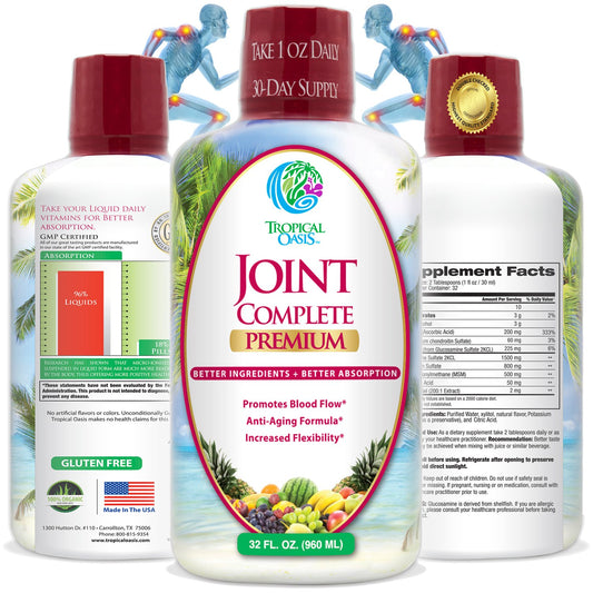 Tropical Oasis Joint Complete Premium - Liquid Joint Supplement with Liquid Glucosamine Sulfate, Chondroitin, MSM & Hyaluronic Acid - 96% Max Absorption- 32oz, 32 serv, 33484