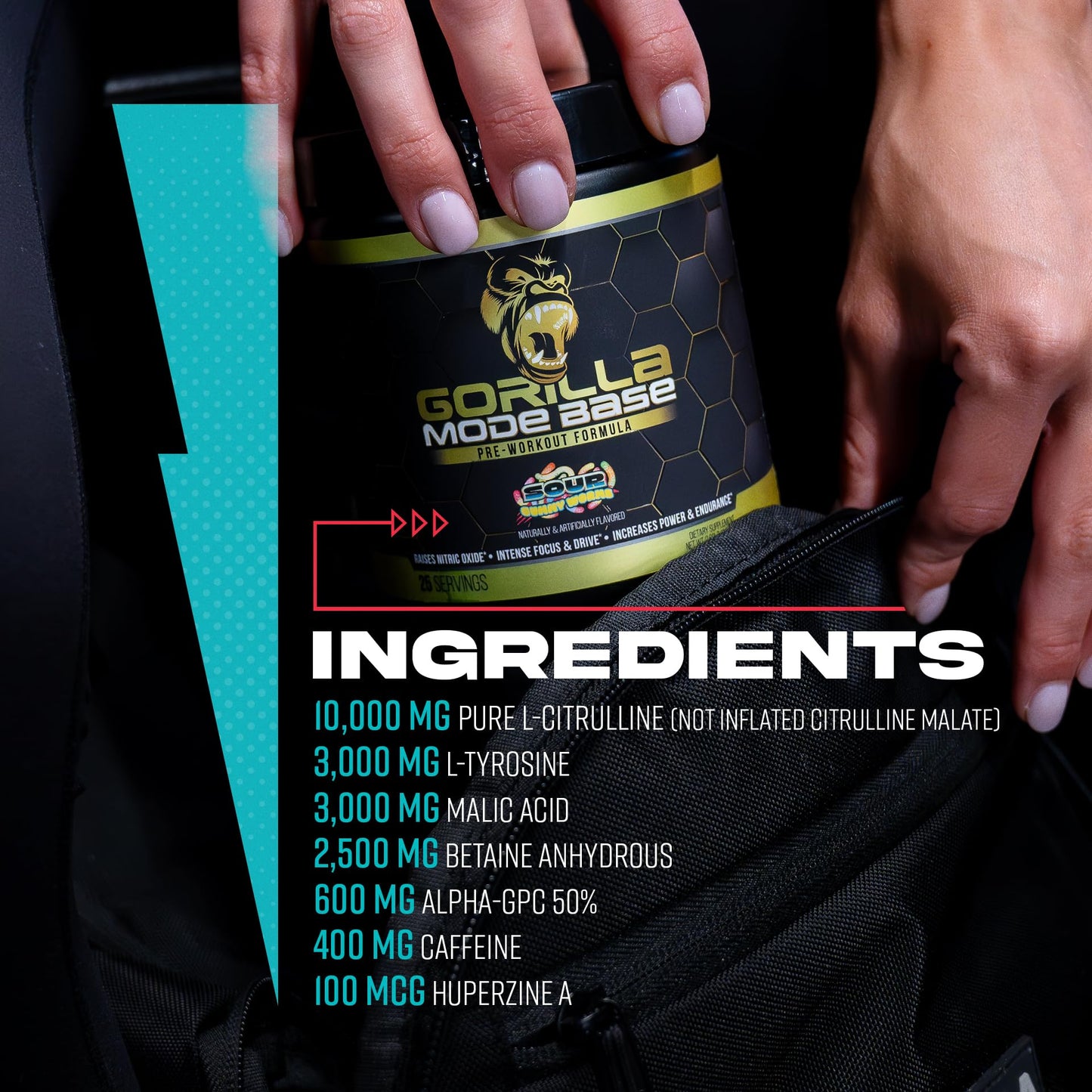 Gorilla Mind Base Pre Workout - Raises Nitric Oxide Intense Focus & Drive Endurance Power - L-Citrulline, L-Tyrosine, Betaine, Alpha-GPC, Caffeine, Huperzine A - 360 Grams (Watermelon)