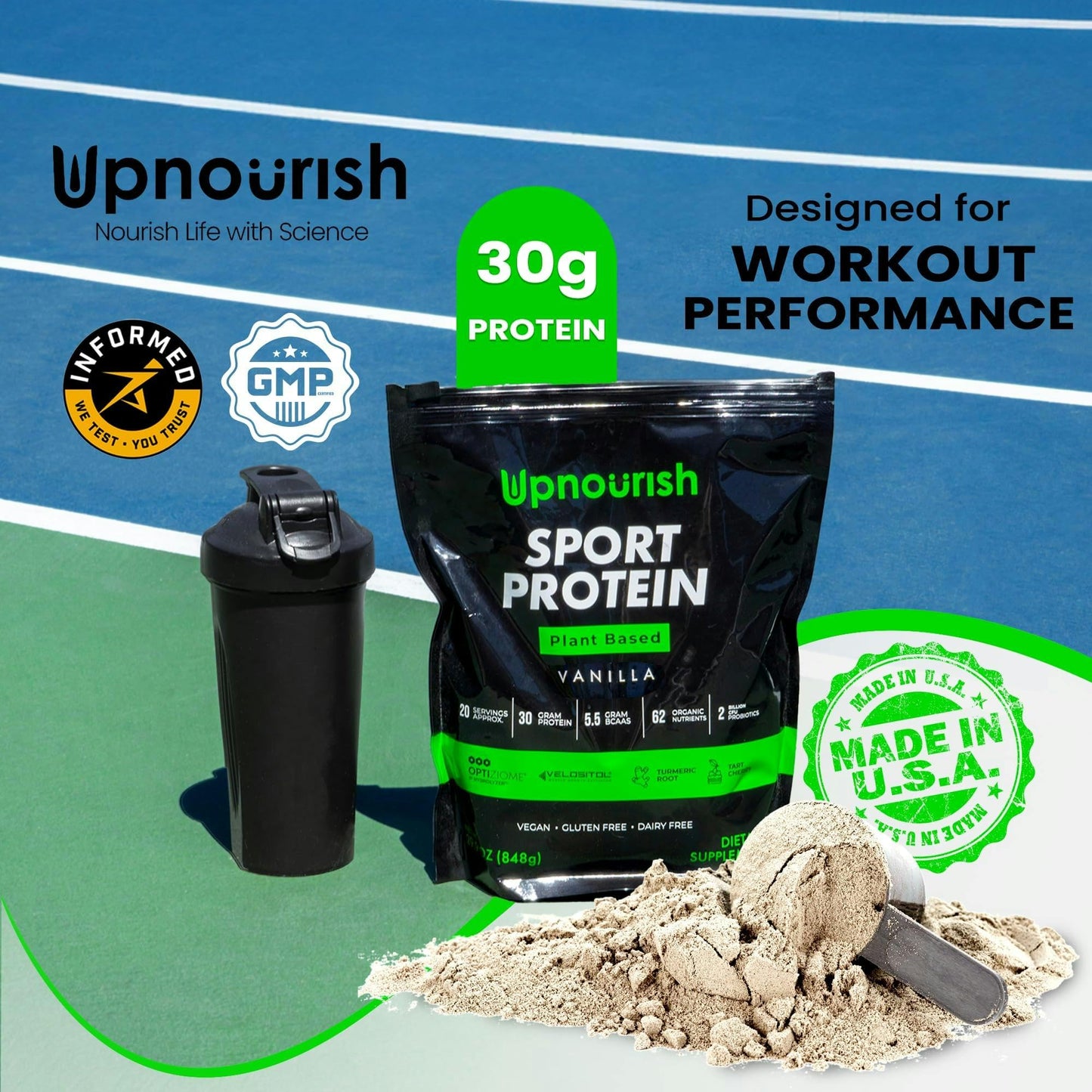 Vegan Sport Protein Powder Vanilla - 30g Plant Based Protein, VELOSITOL, BCAAs, Organic Greens & Fruits, Probiotics, Tart Cherry for Post Workout Recovery, Inform Sports Certified Keto - 20 servings