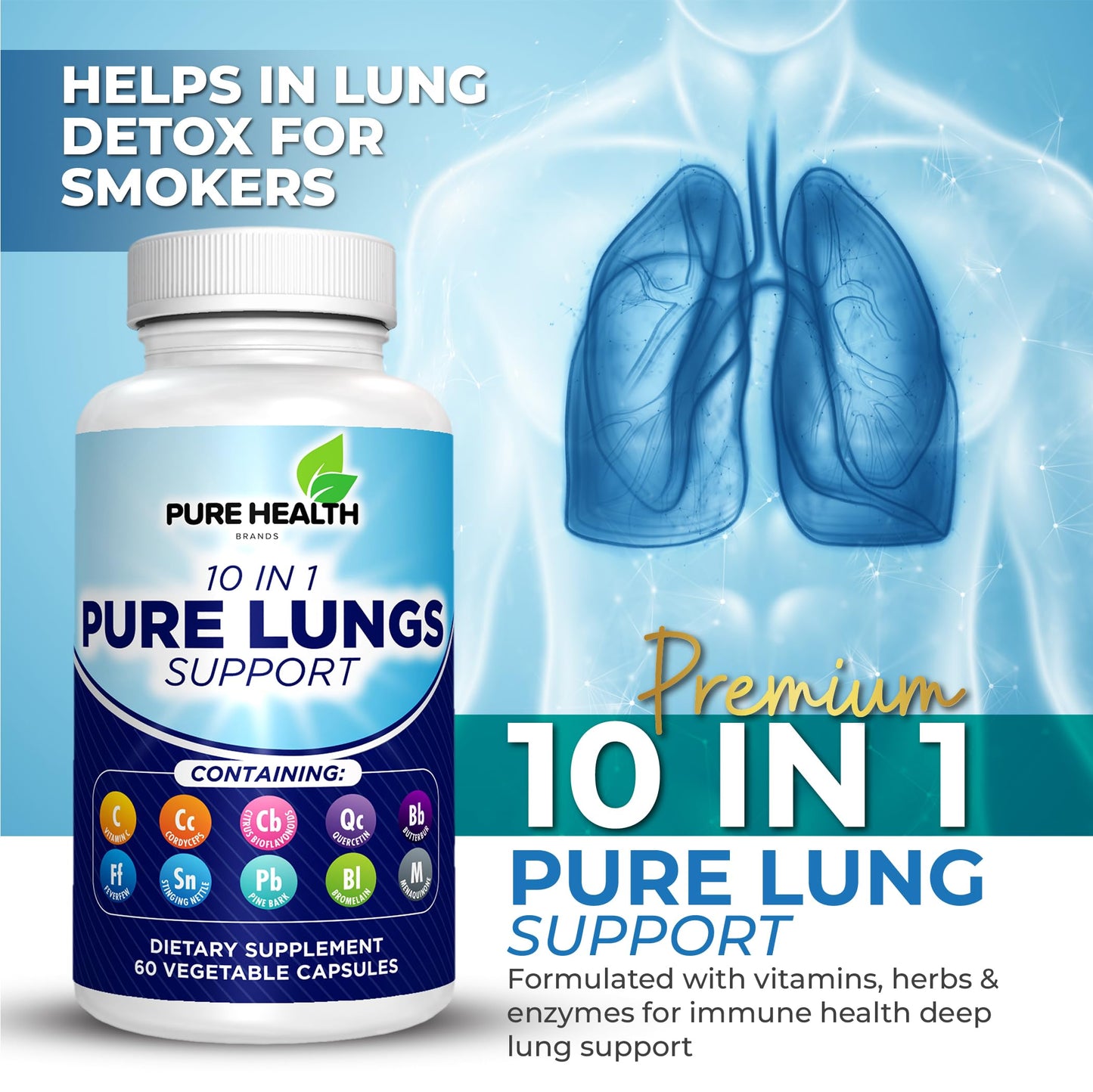 Lung Detox for Smokers - 10 in 1 Lung Cleanse - All-Natural Vegan Supplement for Lung Health - Quit Smoking Aid Promoting Clear Lungs - Lung Cleanse for Smokers - Supports Respiratory Health