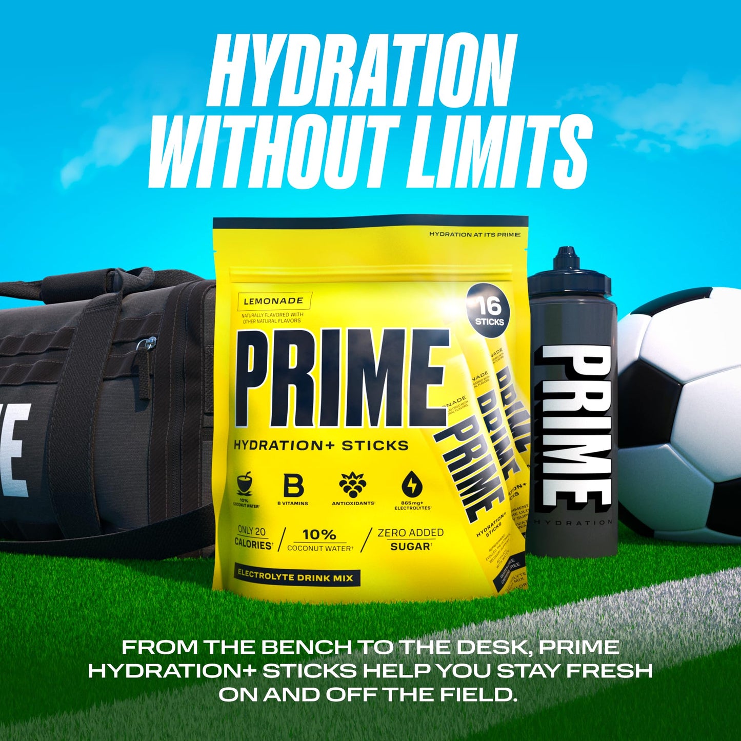PRIME HYDRATION+ Sticks Lemonade | Hydration Powder Single Serve Sticks | Electrolyte Powder On The Go | Low Sugar | Caffeine-Free | Vegan | 16 Sticks