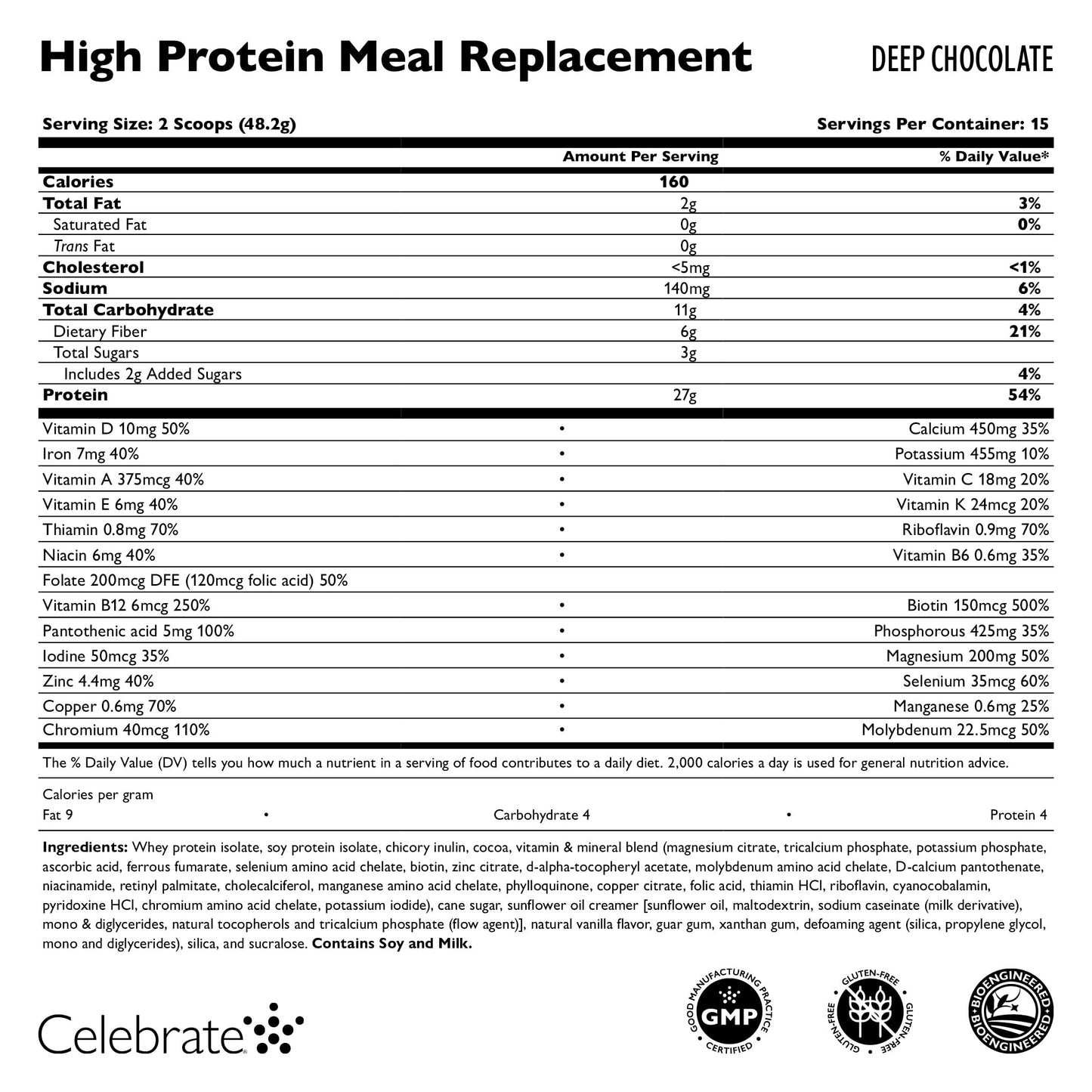 Celebrate Vitamins High Protein Meal Replacement Shake, 27 g Protein Powder, 6 g of Fiber, For Post-Bariatric Surgery Patients, Deep Chocolate, 15 servings
