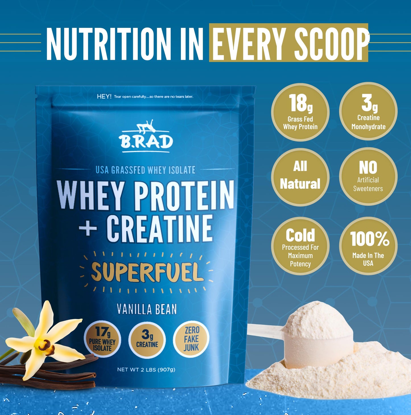 B.rad Grass-Fed Whey Protein Isolate Powder with Creatine | All-Natural, Ultra-Pure, Clean Ingredients | 100% USA-Sourced Superfuel | 2 Pounds | Vanilla Bean