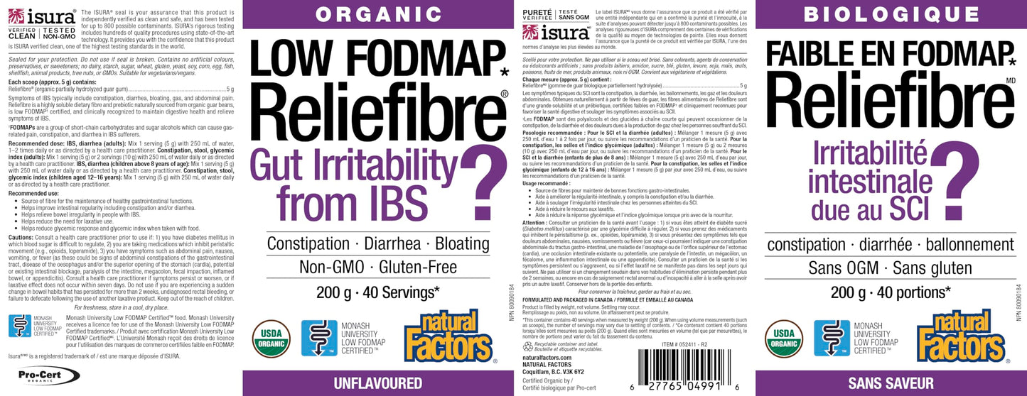 Natural Factors Organic Low FODMAP Reliefiber, Digestive Fiber Powder, Unflavored, 5.3 Oz