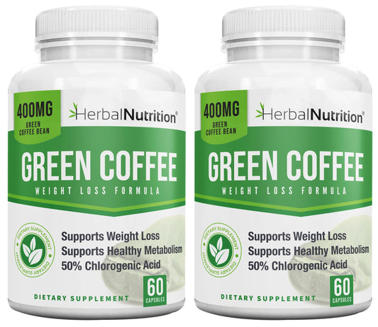 Herbal Nutrition BOGO Pure Green Coffee Bean Extract, Two Bottle Pack, 120 Capsules, Multi-Level Dosing 400mg - 1200mg Per Serving, 50% Chlorogenic Acid. Weight Loss & Cleanse Supplement