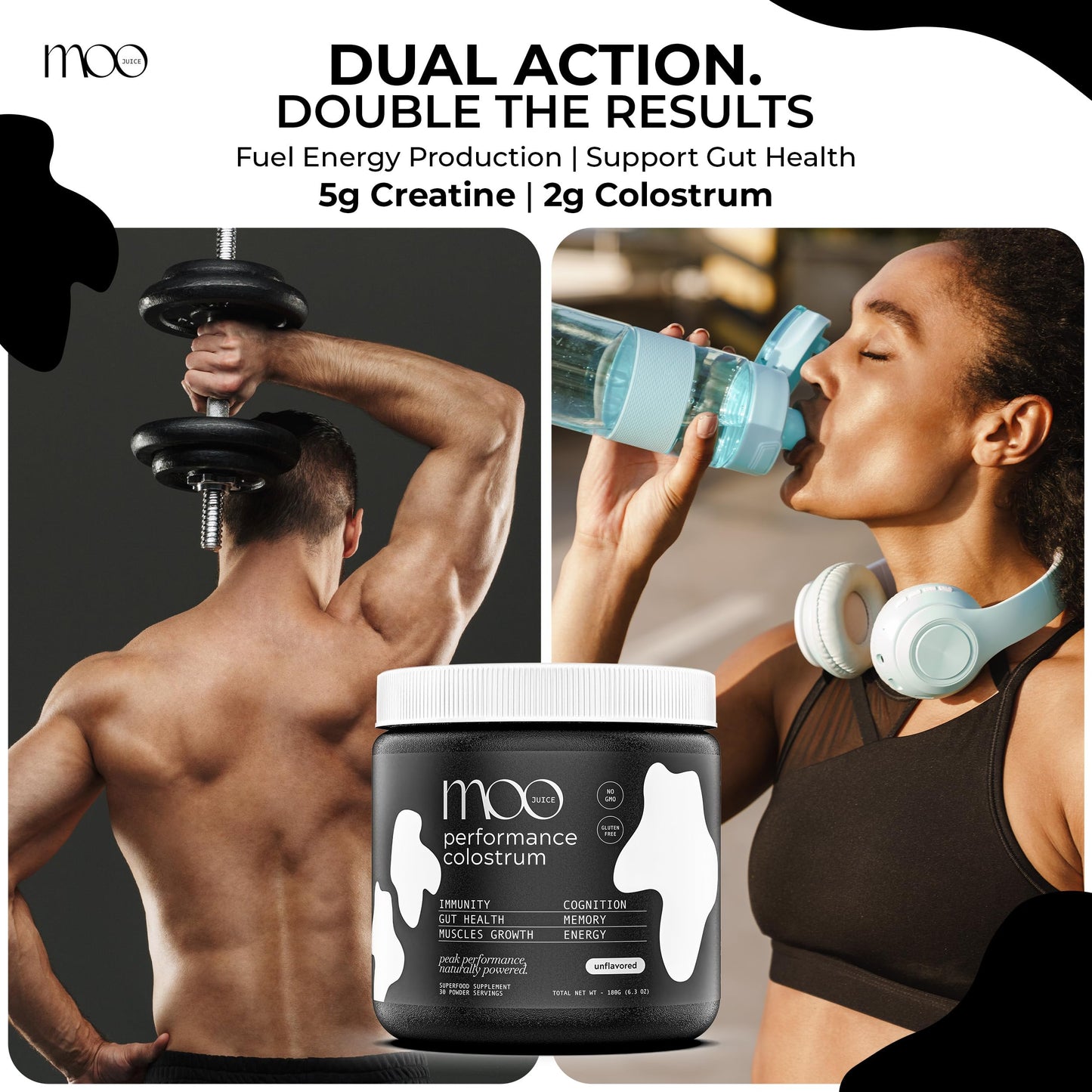 Moo Juice Colostrum Powder - 2000mg Grass-Fed Bovine Colostrum + 5000mg Creatine Monohydrate - Supports Gut Health, Immunity, Muscle Recovery & Energy - No Fillers, Non-GMO | Unflavoured 6.3oz