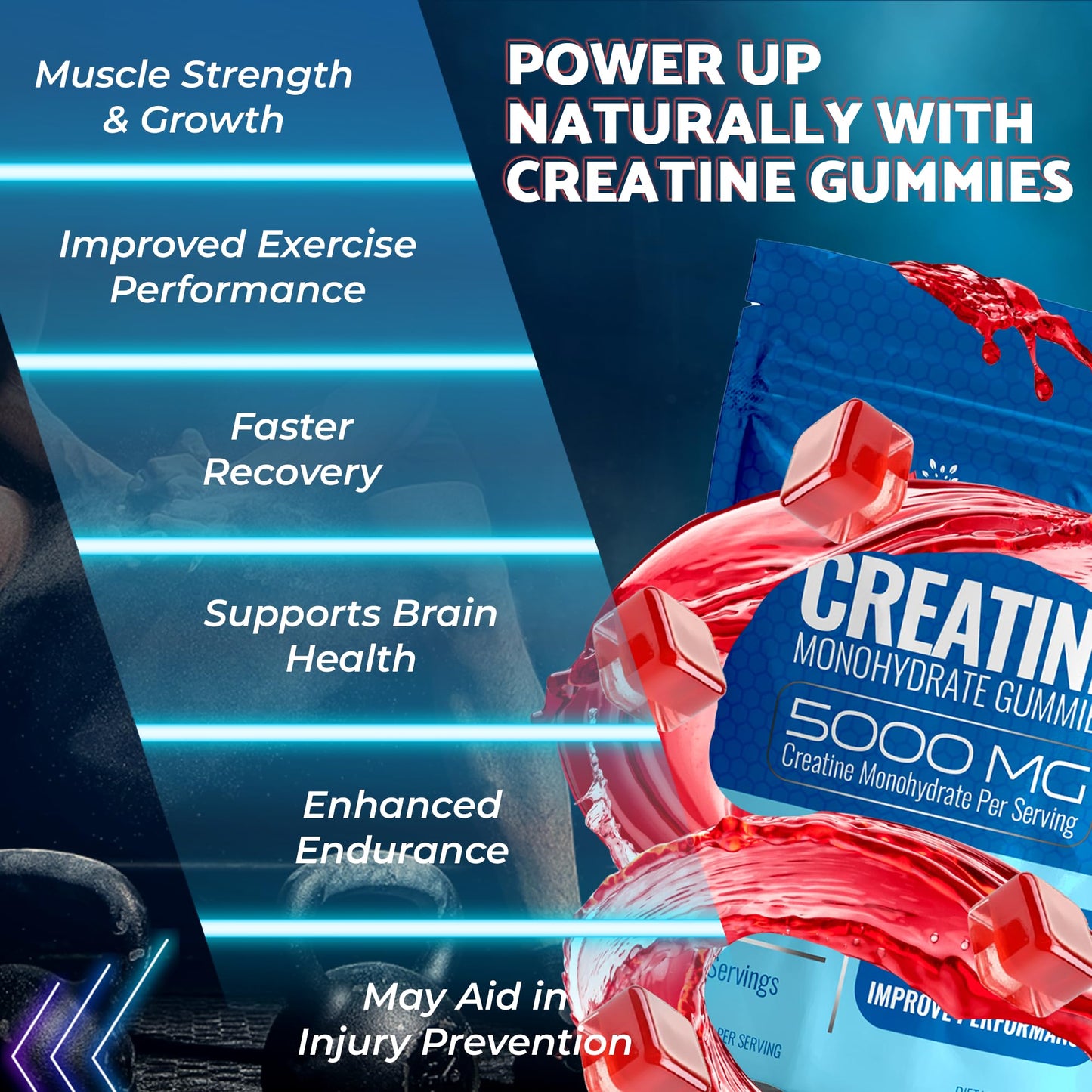 Creatine Gummies 5000mg, 30 Servings Creatine Monohydrate Gummies - Creatine for Women, Strawberry Flavor Creatine for Men, Muscle Growth, Strength, and Recovery, Vegan, Non-GMO, Gluten Free
