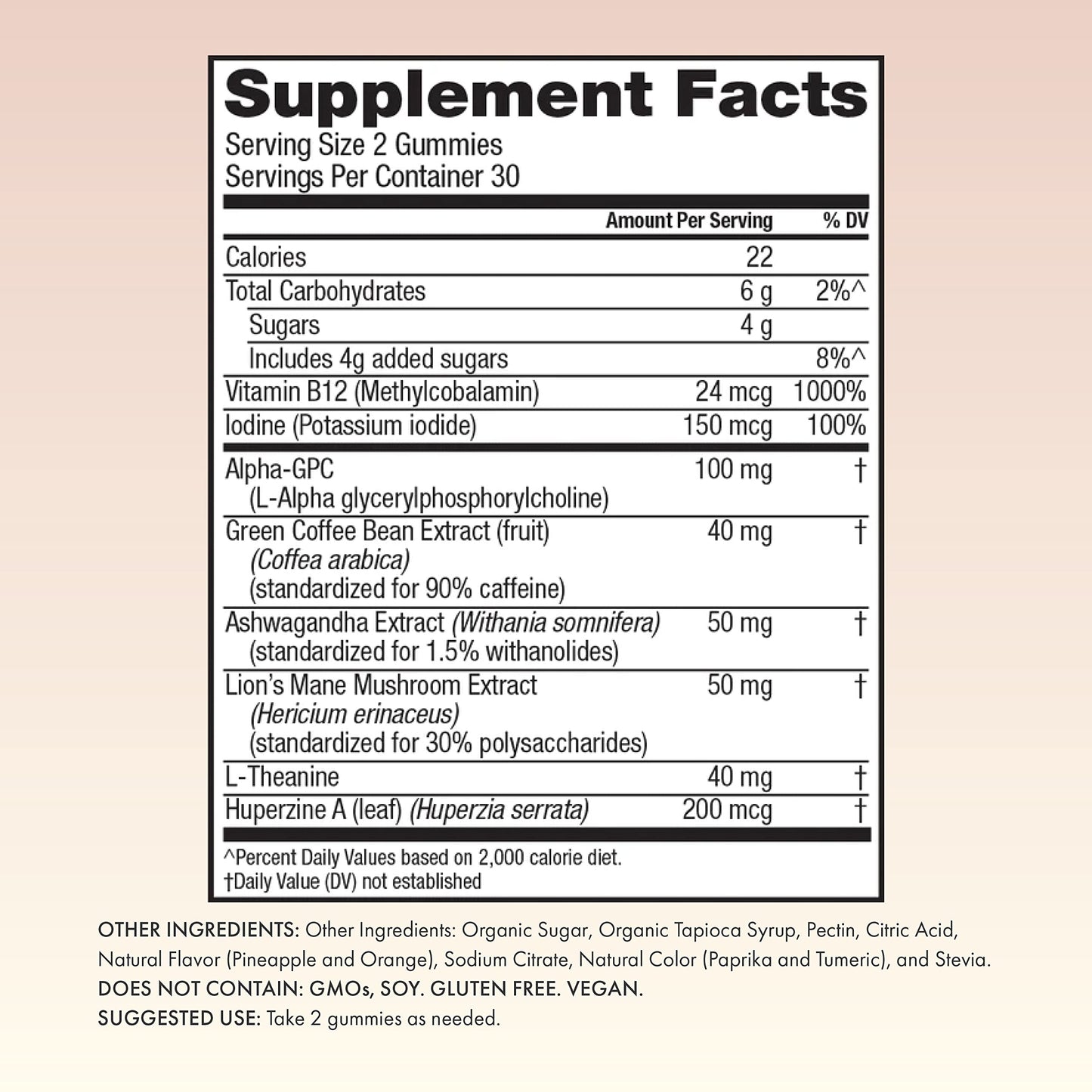 Winged Wellness Rise Up, Energy & Focus Gummies for Women - Daily Brain Boost Gummy Supplement with Natural Caffeine, Ashwagandha, B12, Nootropics Alpha-GPC & Lion’s Mane - Pineapple, 30 Gummies