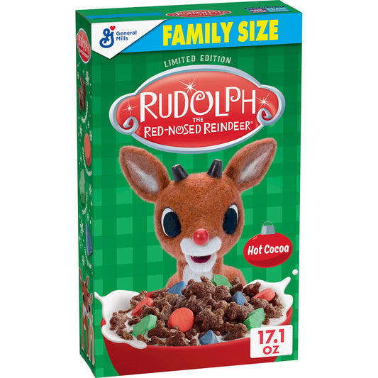 Rudolph the RedNosed Reindeer Breakfast Cereal Hot Cocoa Flavored Corn Cereal with Marshmallows Family Size 171 oz