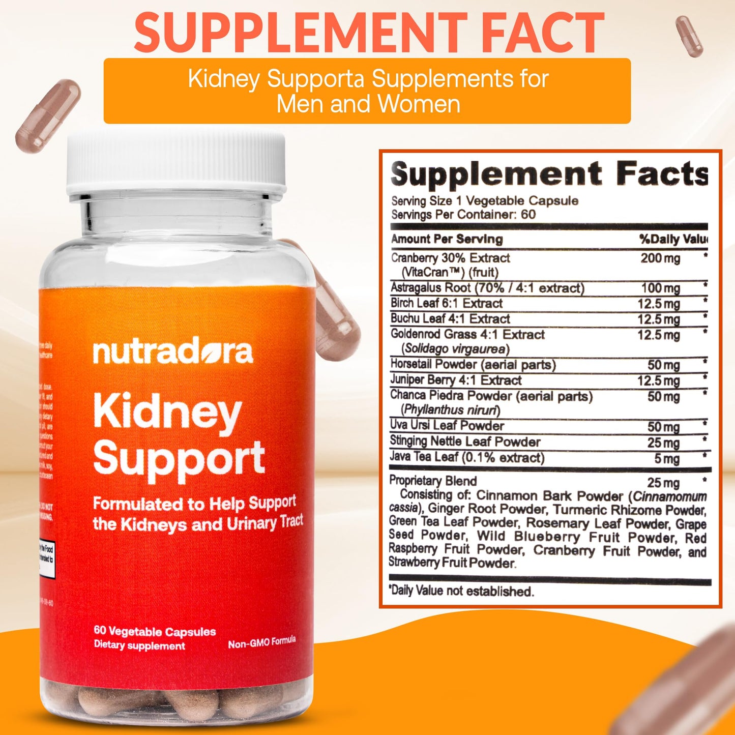 Nutradora Kidney Support Supplements for Women and Men - Natural Kidney Cleanse Detox Formula with Cranberry Extract Helps Support Kidney & Urinary Tract, Formulated in USA, 2 Month Supply, Pack of 1
