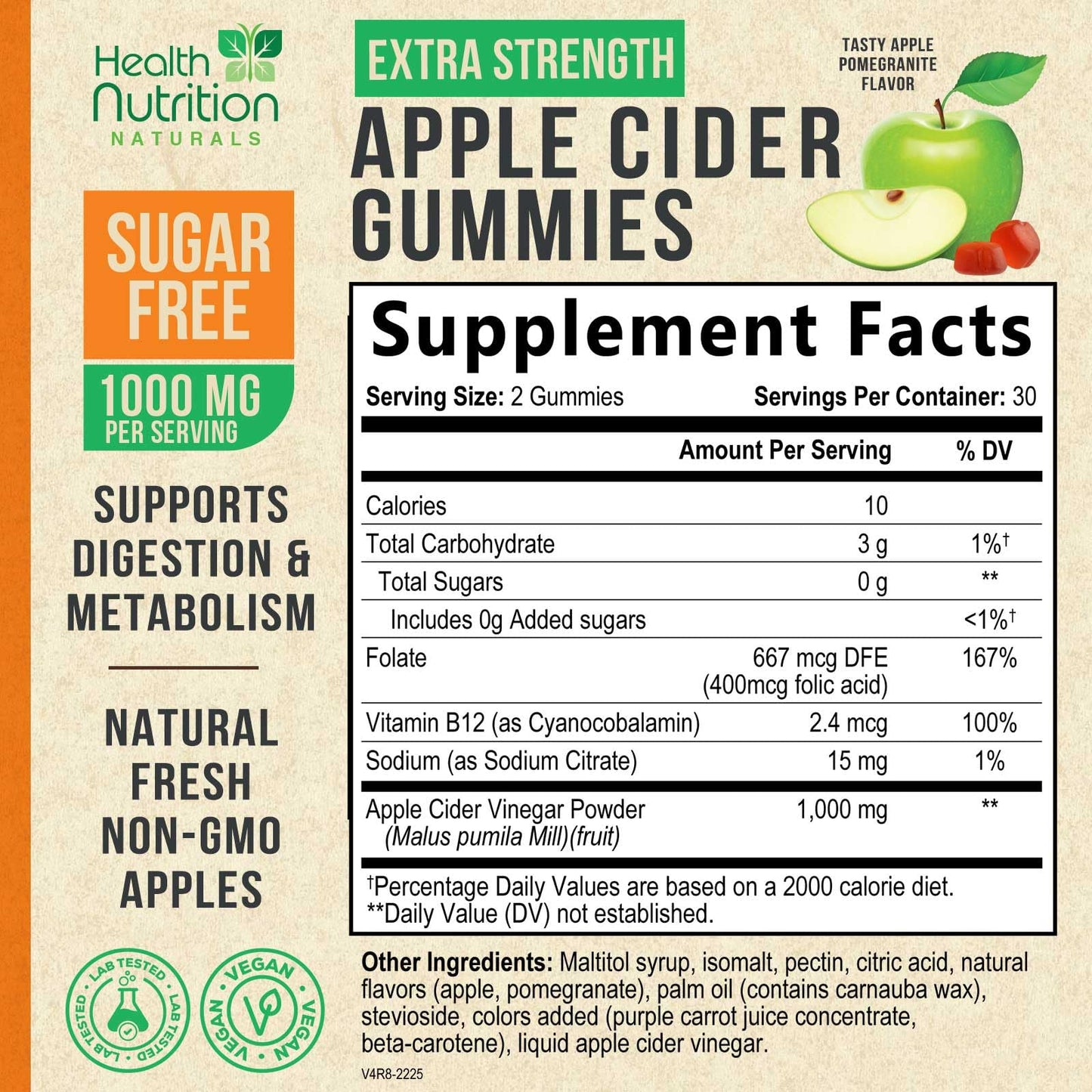 Vegan Apple Cider Vinegar Gummies | Max Strength 1000mg | Sugar Free ACV Supplement Gummy Vitamins Supports Digestion, Metabolism, Natural Apple Flavor with Mother, Non-GMO, Gluten Free - 60 Gummies