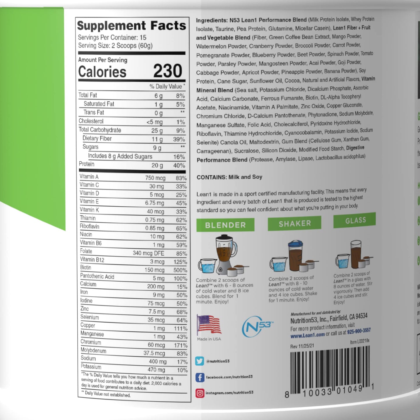 Lean1 Fat Burning Protein Shake, Chocolate Flavor 15-Serving Tubs, 2 Pack