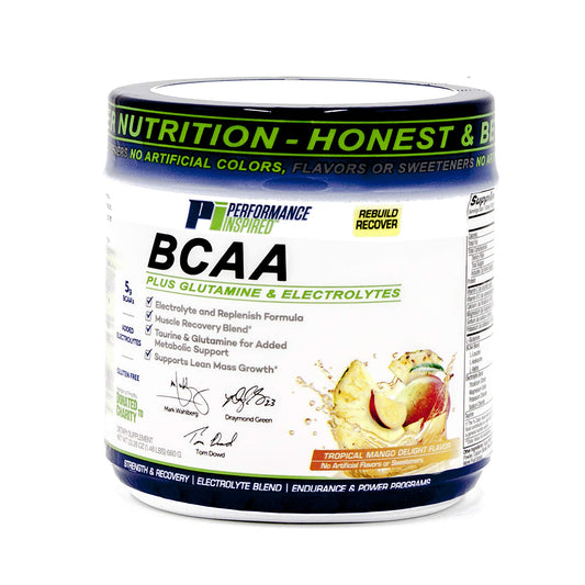 PERFORMANCE INSPIRED Nutrition BCAA Powder - 5G BCAA with Electrolytes, Taurine & Glutamine - All-Natural Recovery & Clean Formula - Tropical Mango Delight - 1.46 lb