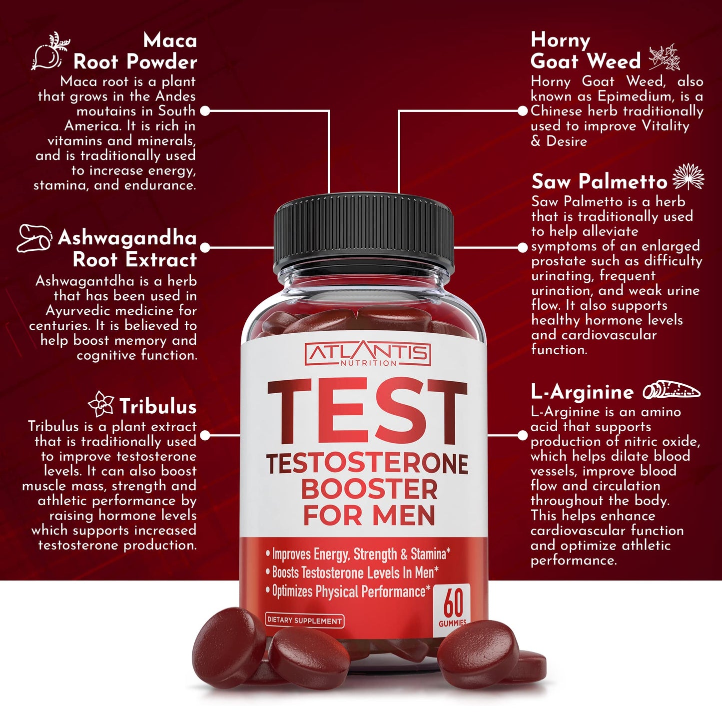 Atlantis Nutrition Testosterone Booster For Men Gummies - Male Enhancement, Boosts Energy, & Optimizes Physical Performance Formulated w/Tribulus, Horny Goat Weed, Saw Palmetto, Maca Root - 60 Gummies
