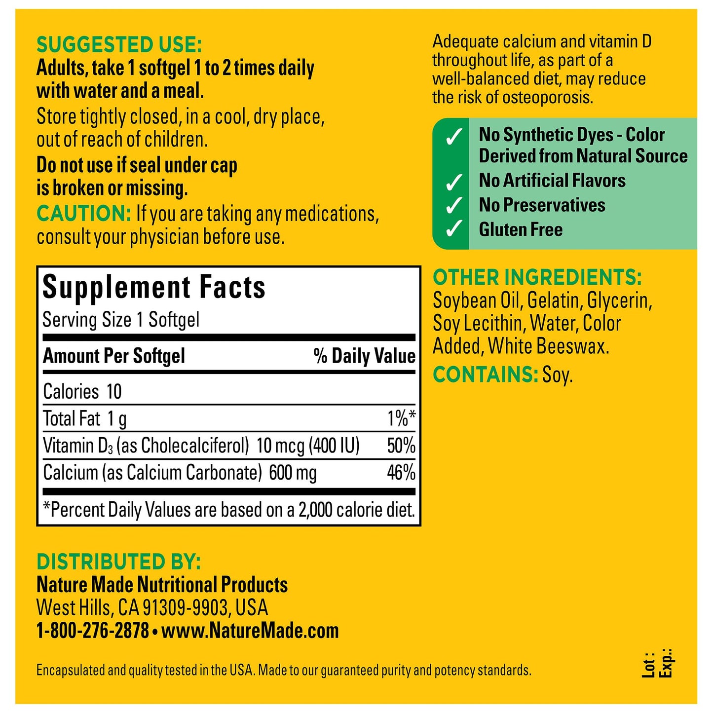 Nature Made Calcium 600 mg with Vitamin D3, Dietary Supplement for Bone Support, 100 Softgels