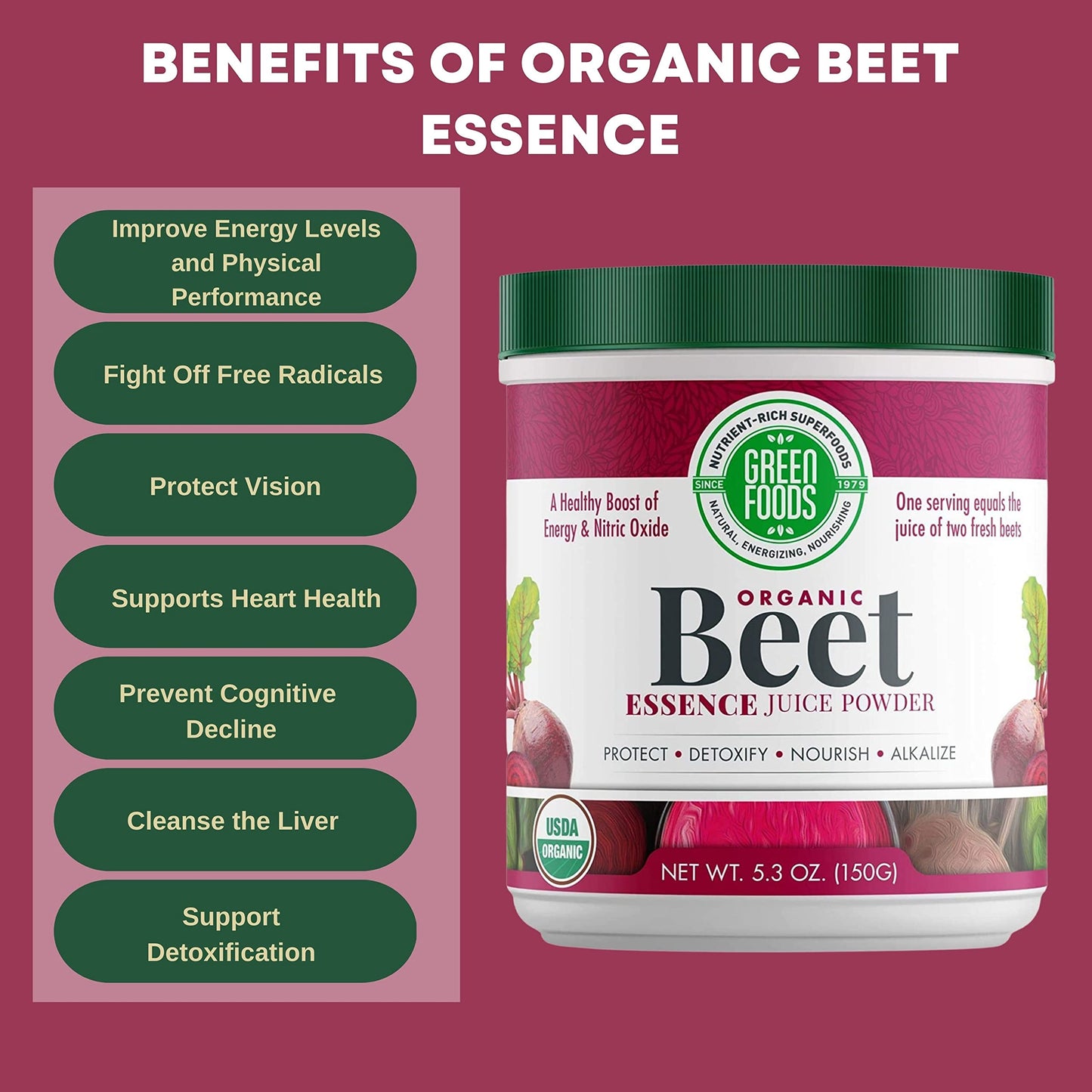 Green Foods - Organic Beet Essence Juice Powder- Nitric Oxide Super Food, Wholefood Antioxidant, Natural Energy, Endurance, Detox, 5.3oz (30 Servings) with Bonus Key Chain
