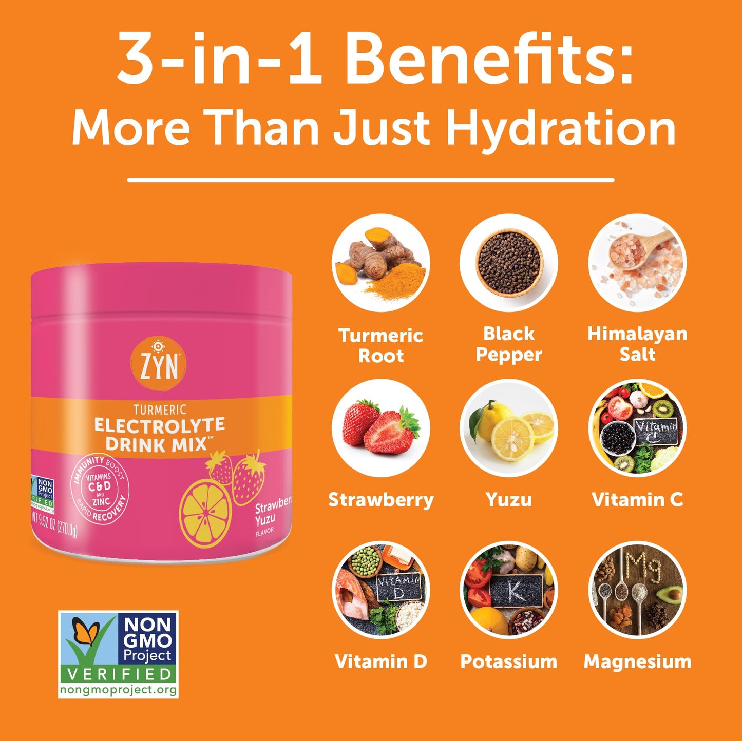 ZYN Electrolyte Hydration Drink Mix (30 Servings), Strawberry Yuzu Electrolytes Powder, Hydrating Formula w/Turmeric Curcumin, Vitamin C & D, Zinc, Electrolyte Support Drink Mix