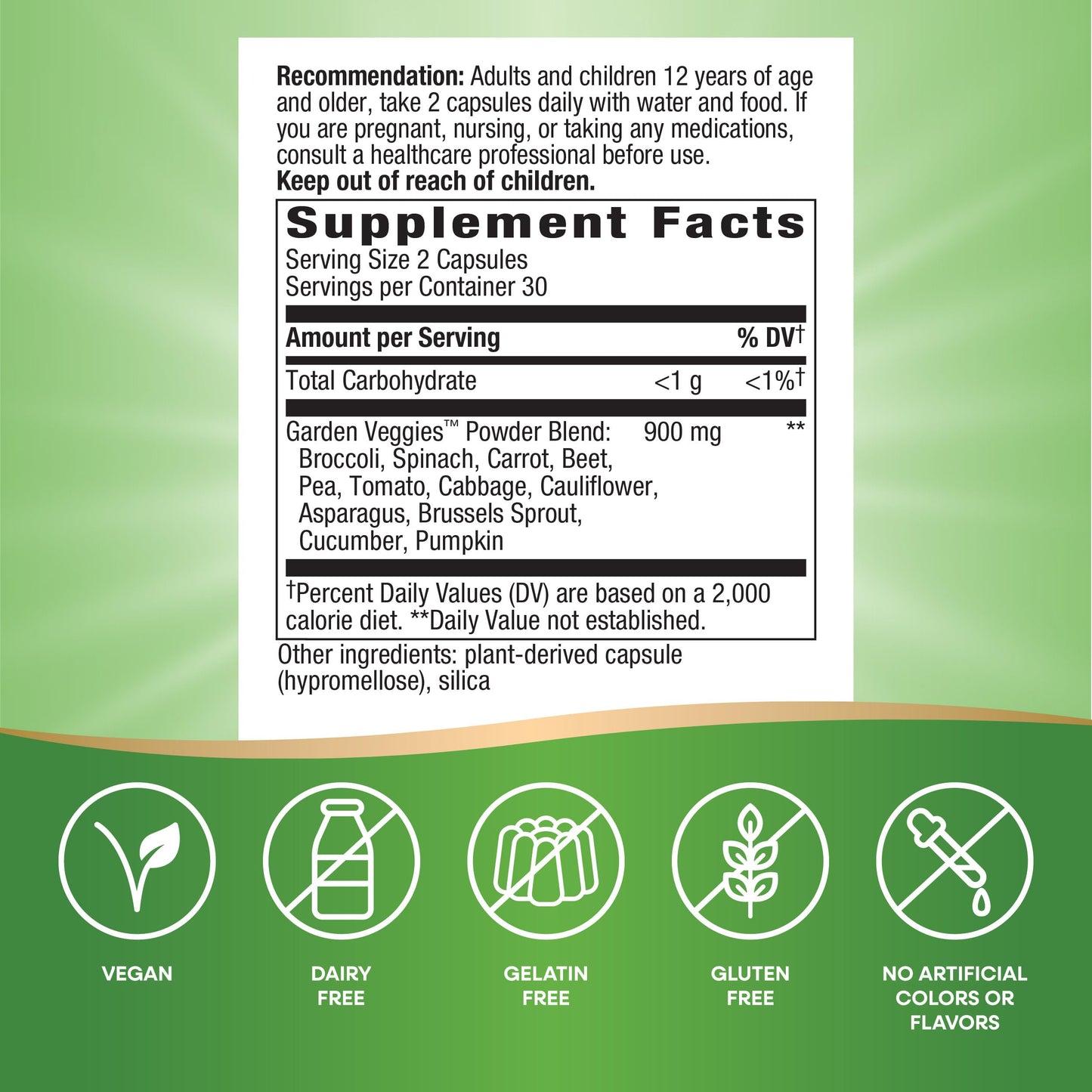 Nature's Way Garden Veggies, Veggie Powder Blend, 900 mg per 2-Capsule Serving, 60 Vegan Capsules (Packaging May Vary)