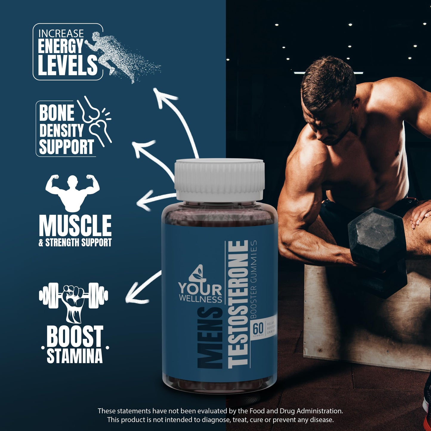 4YWN Testosterone Booster Gummies Supplement for Men, Boosting Muscle Growth, Stamina and Performance with Tongkat Ali, Horny Goat Weed, Tribulus Terrestris, Fenugreek, & Maca (60 Count (Pack of 1))