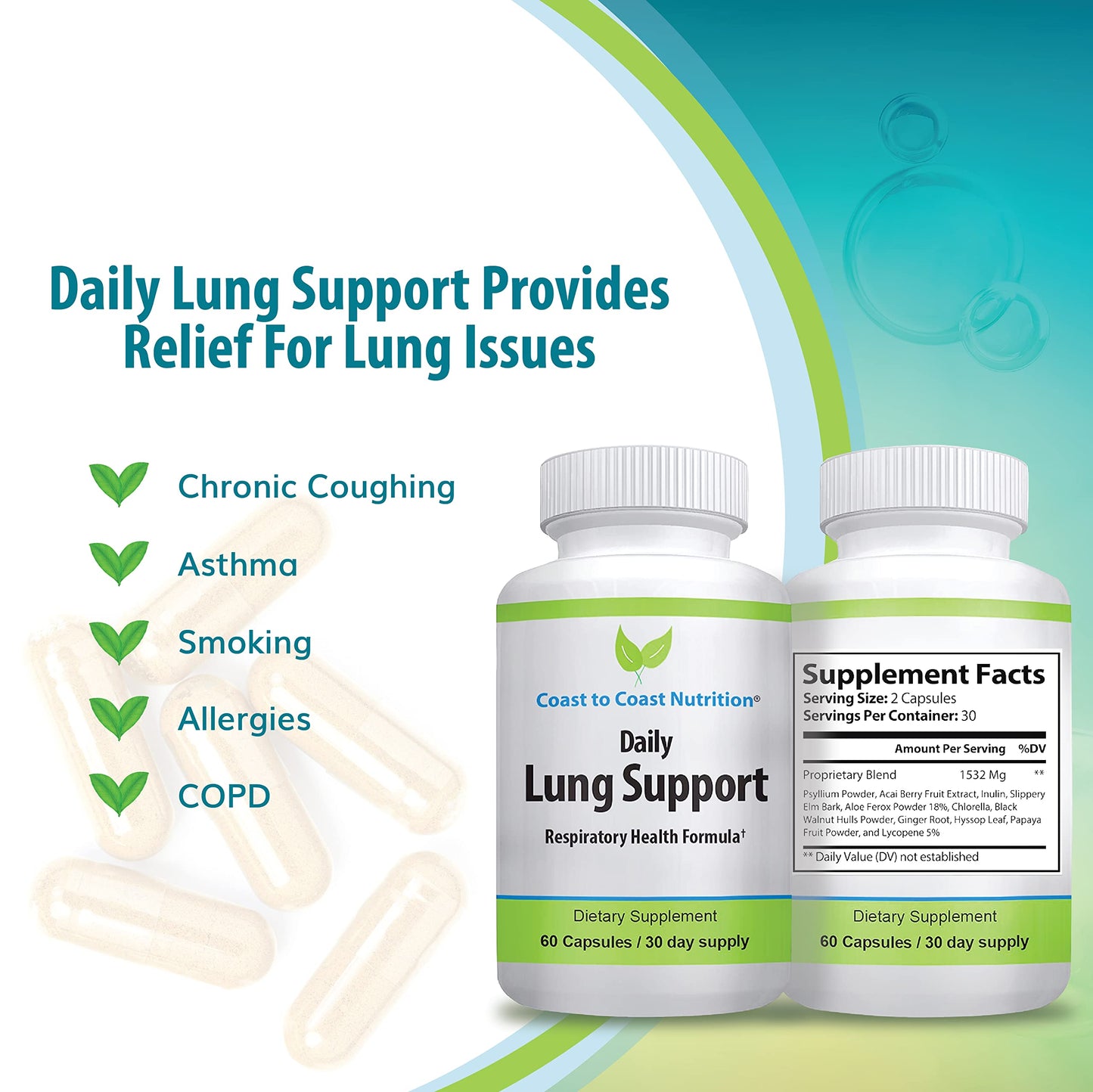 Daily Lung Cleanser & Detox Support Supplement | Refresh Your Lungs to Breath Easier | Relieve Respiratory Problems & Address Problems Like Allergies, Wheezing and Coughing | 60 Capsules