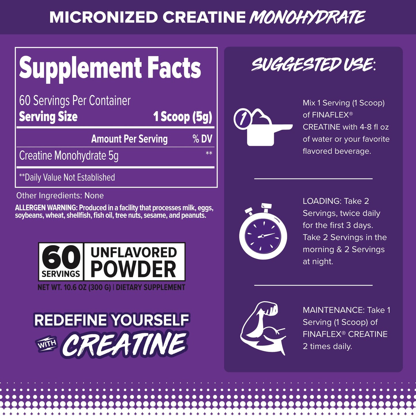 FINAFLEX Pure CREATINE, Unflavored - 10.6 oz, Pack of 2 - Promotes Muscular Strength, Size & Performance - 100% Pure, Micronized Creatine Monohydrate - 120 Total Servings